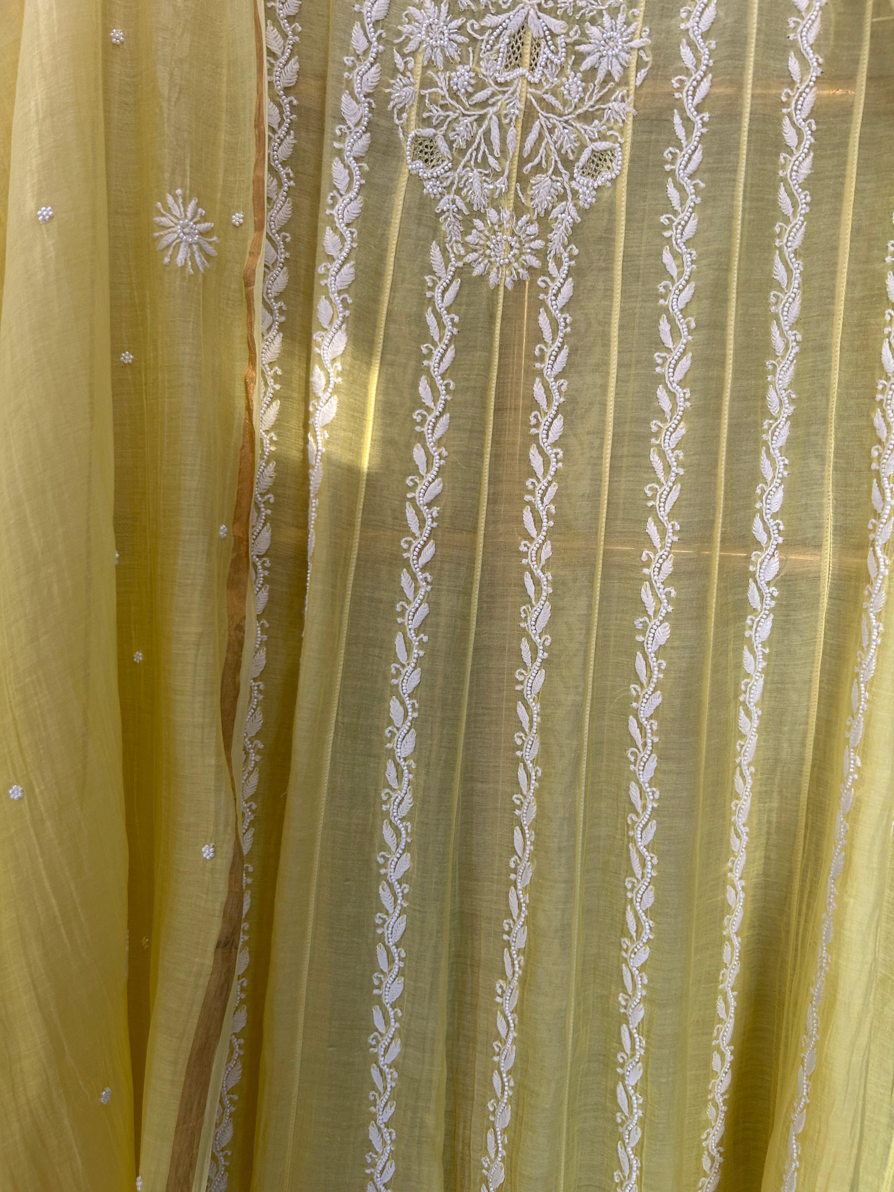 Yellow Mul Chanderi Chikankari Anarkali Set