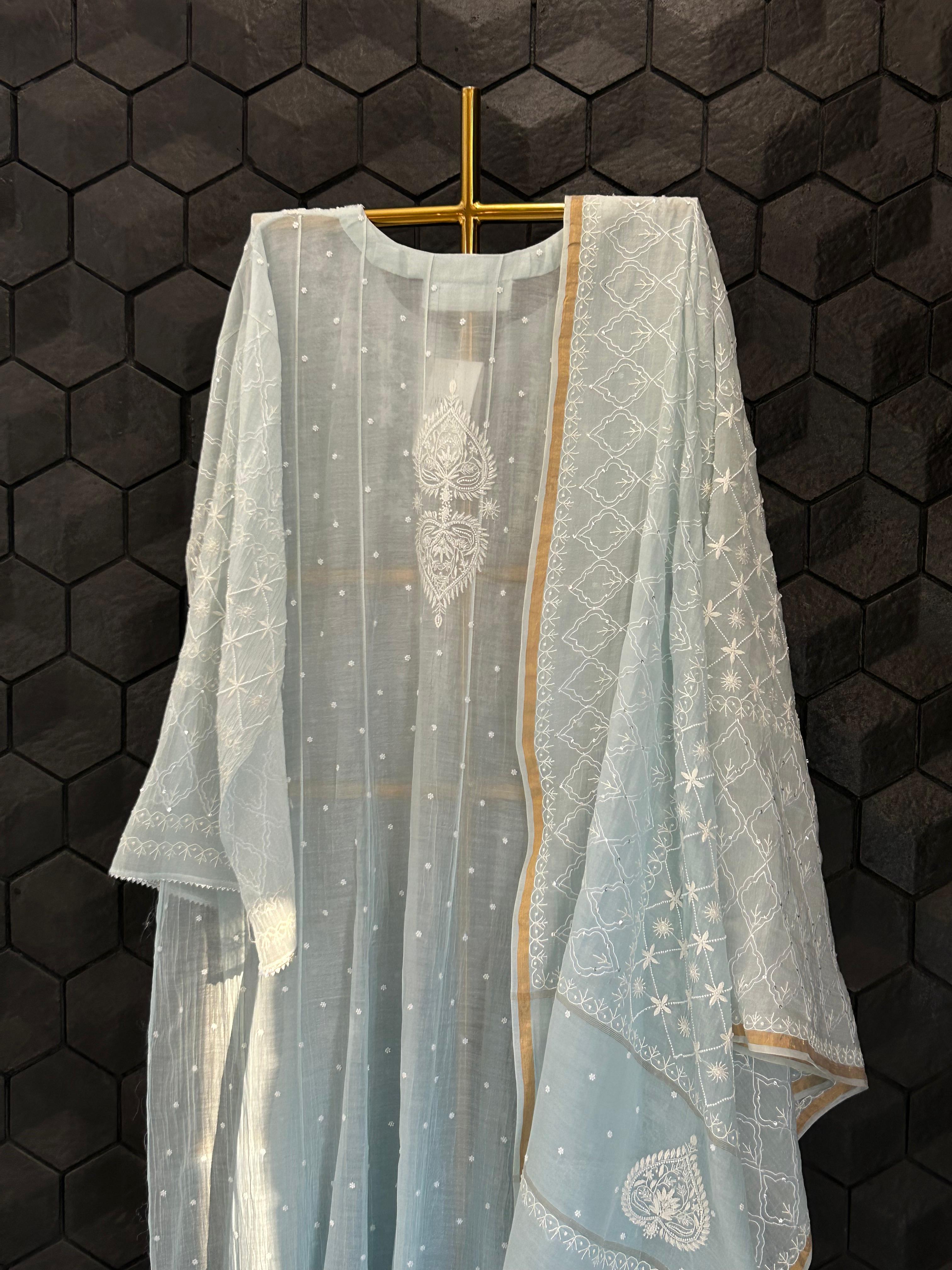 Blue  Ombre Mul Chanderi Chikankari Anarkali Set