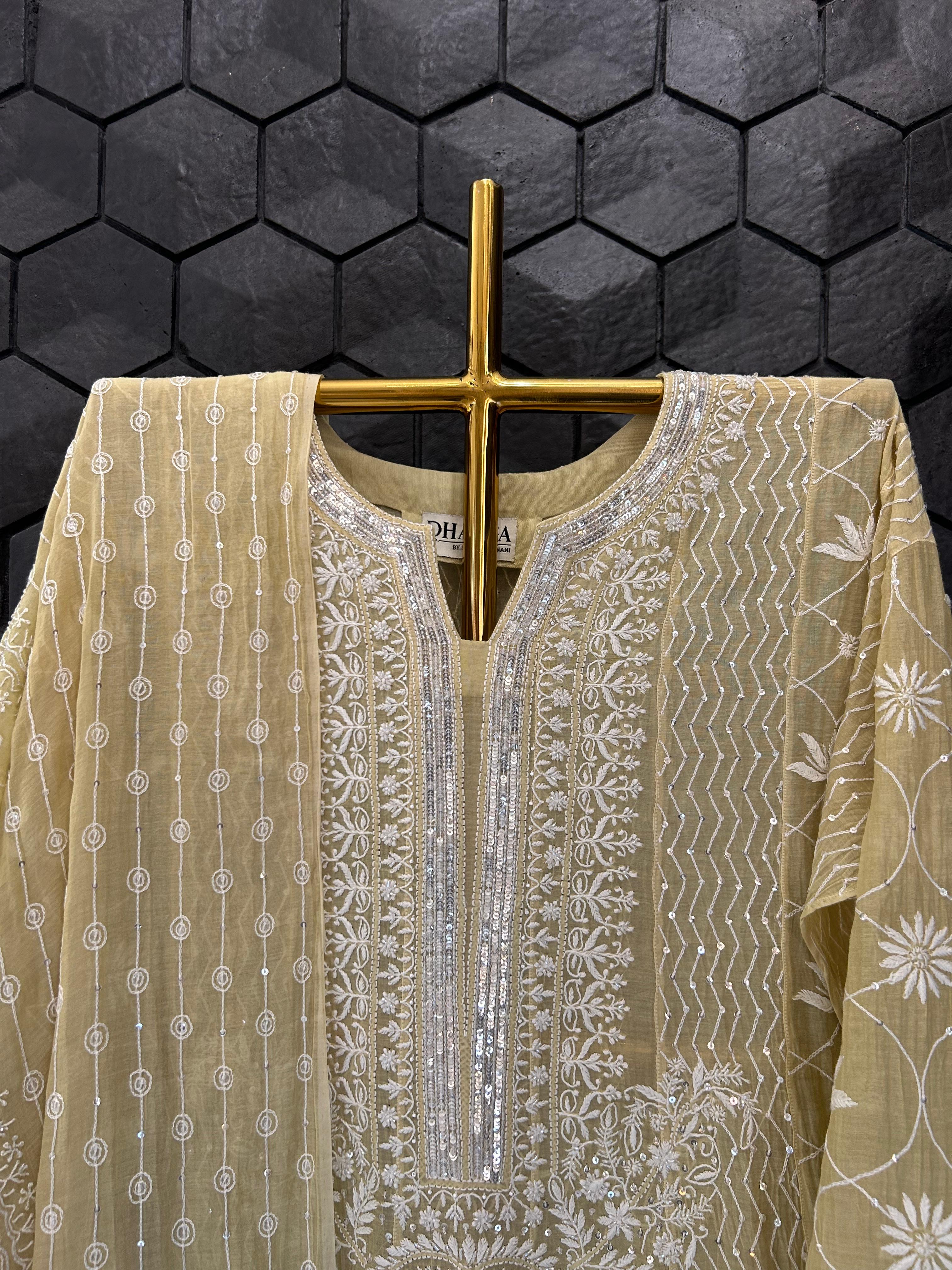 Green Mul Chanderi  Chikankari Anarkali Set