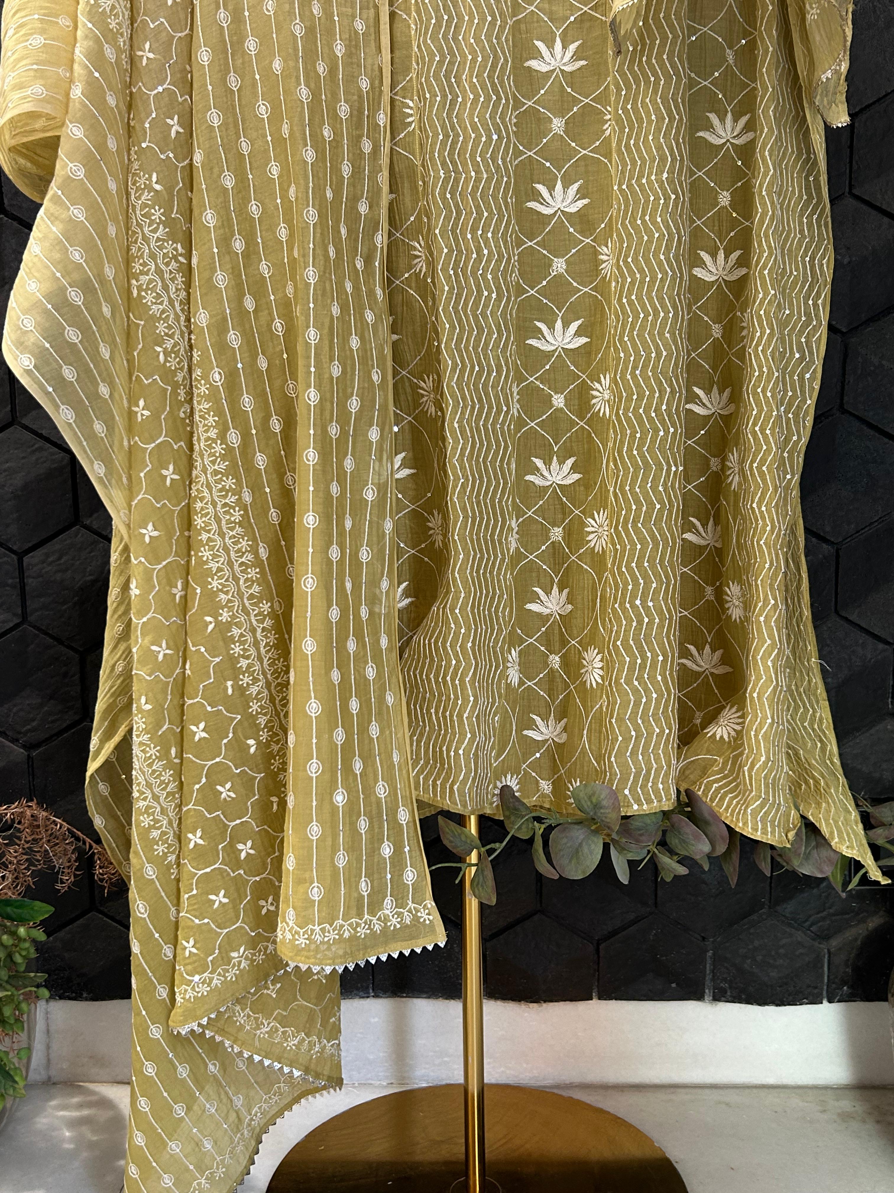 Green Mul Chanderi  Chikankari Anarkali Set