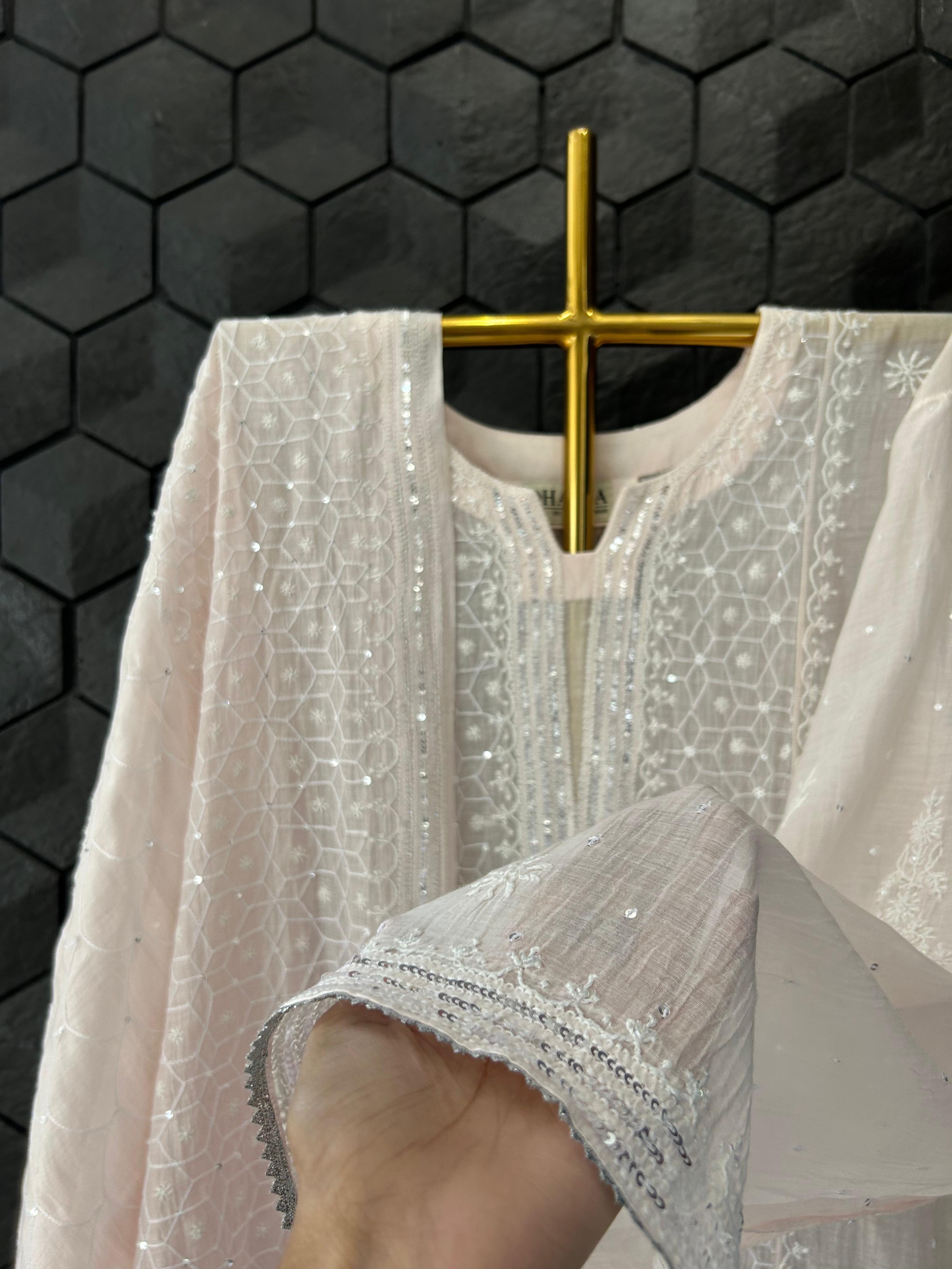 Pink Mul Chanderi Chikankari Kurta Set