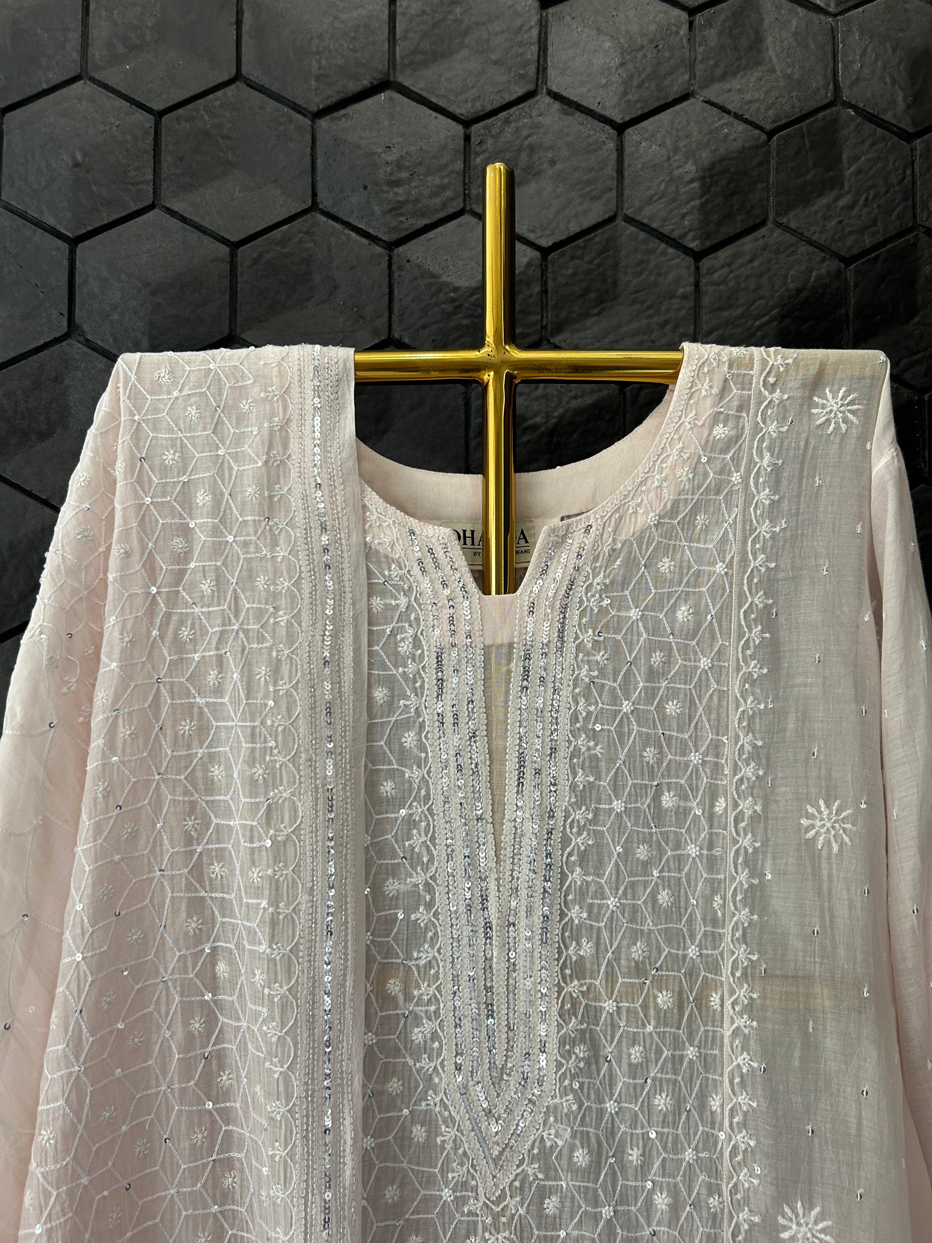 Pink Mul Chanderi Chikankari Kurta Set