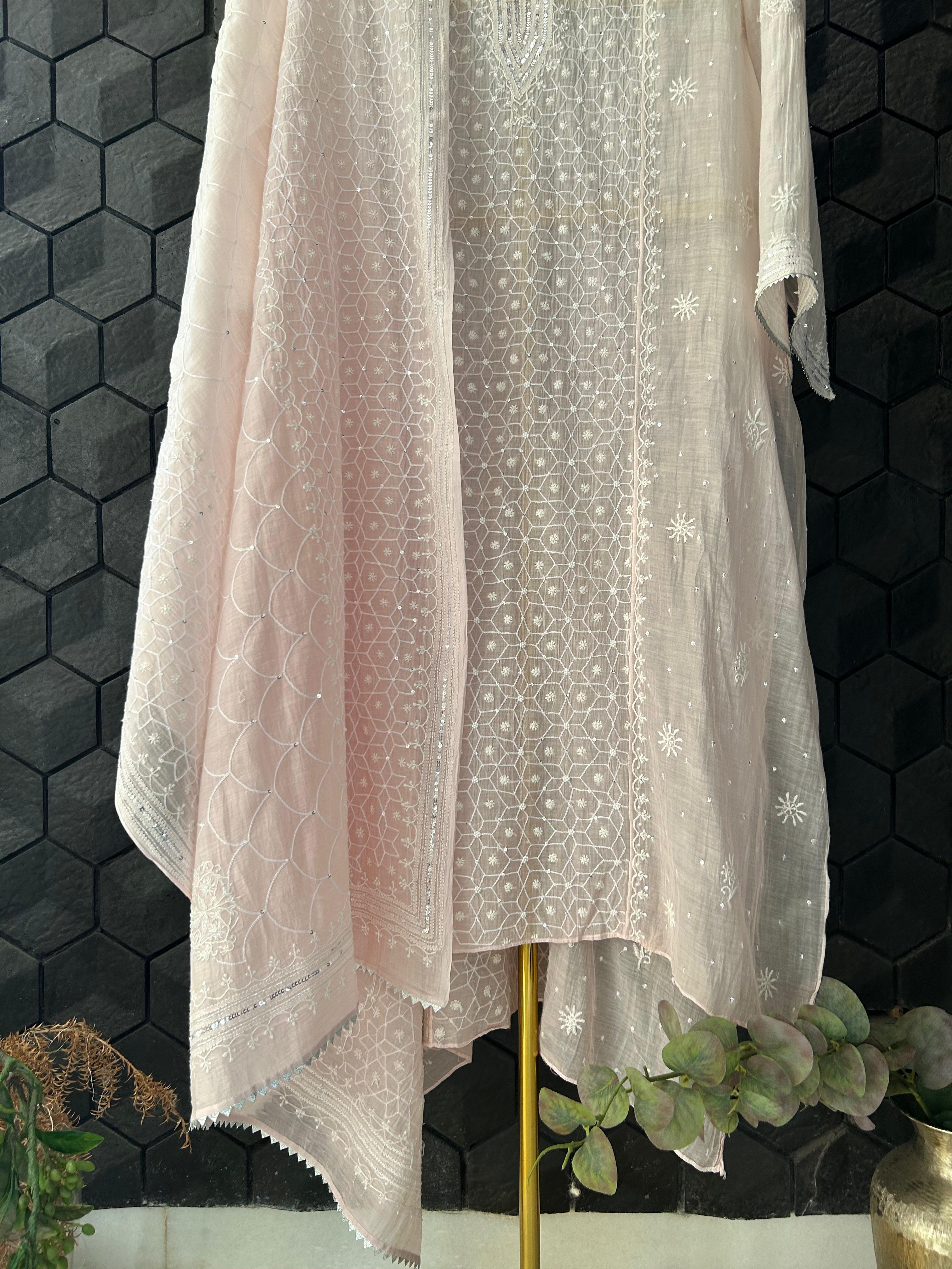 Pink Mul Chanderi Chikankari Kurta Set