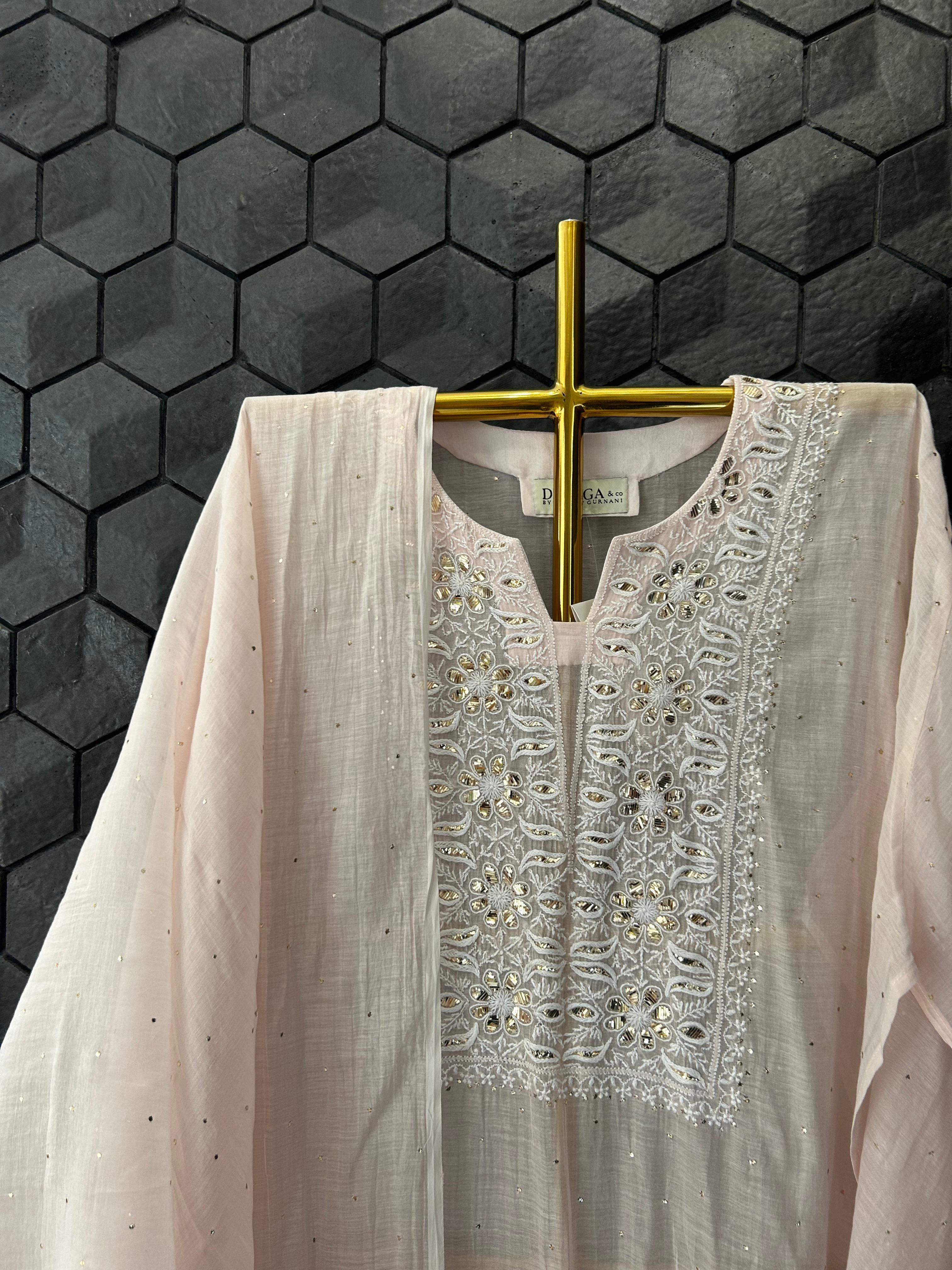 Pink Mul Chanderi Chikankari Mukaish Kurta Set