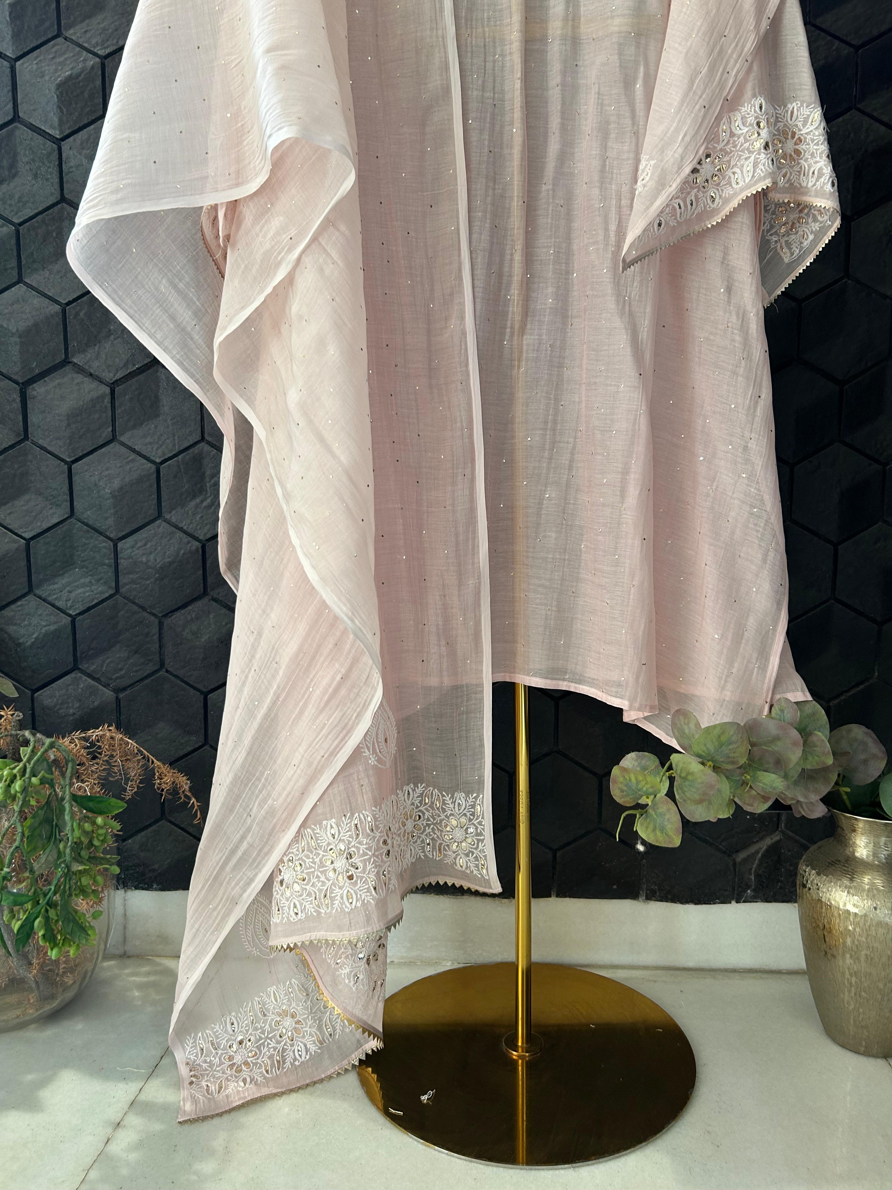Pink Mul Chanderi Chikankari Mukaish Kurta Set