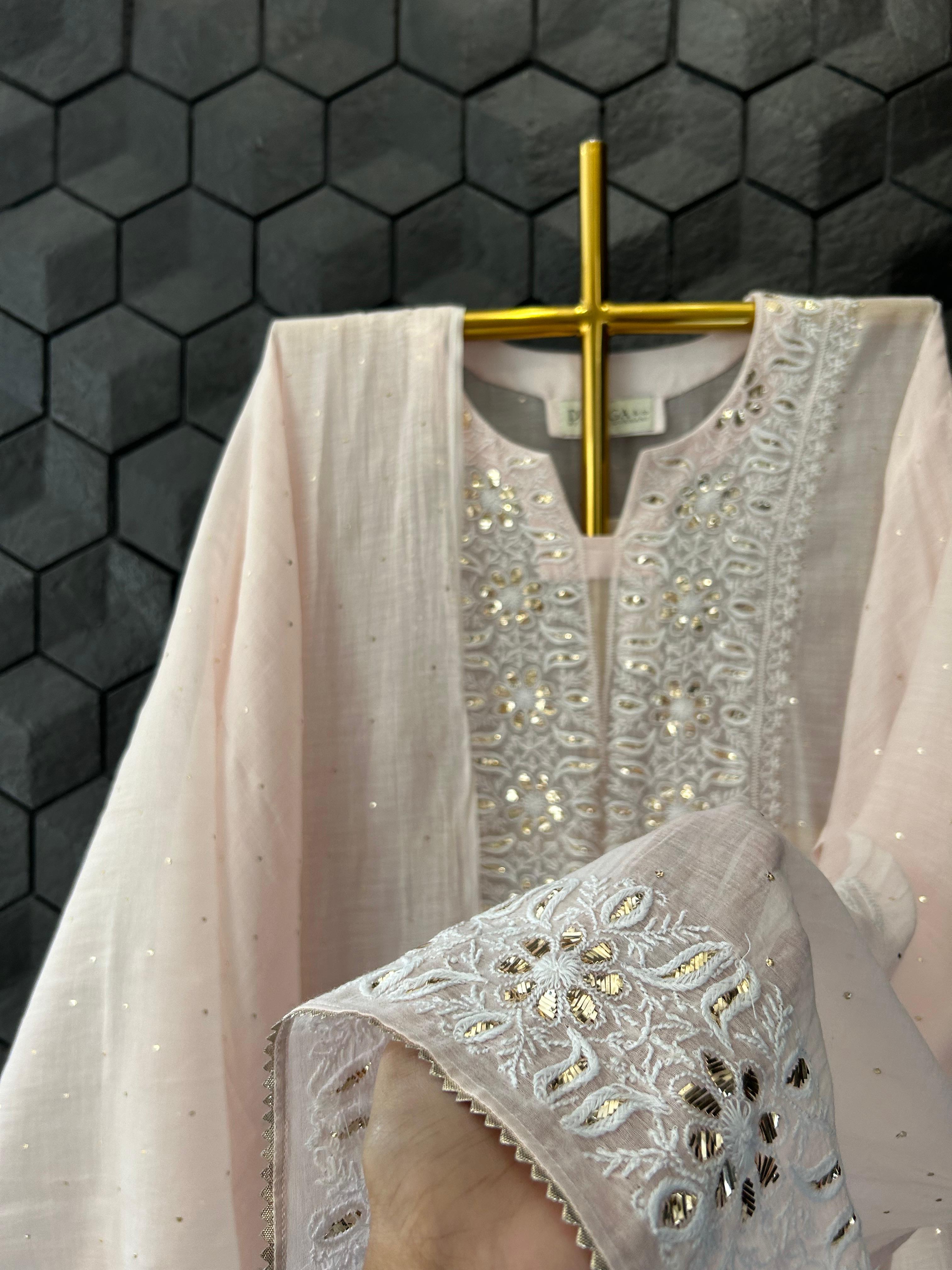 Pink Mul Chanderi Chikankari Mukaish Kurta Set