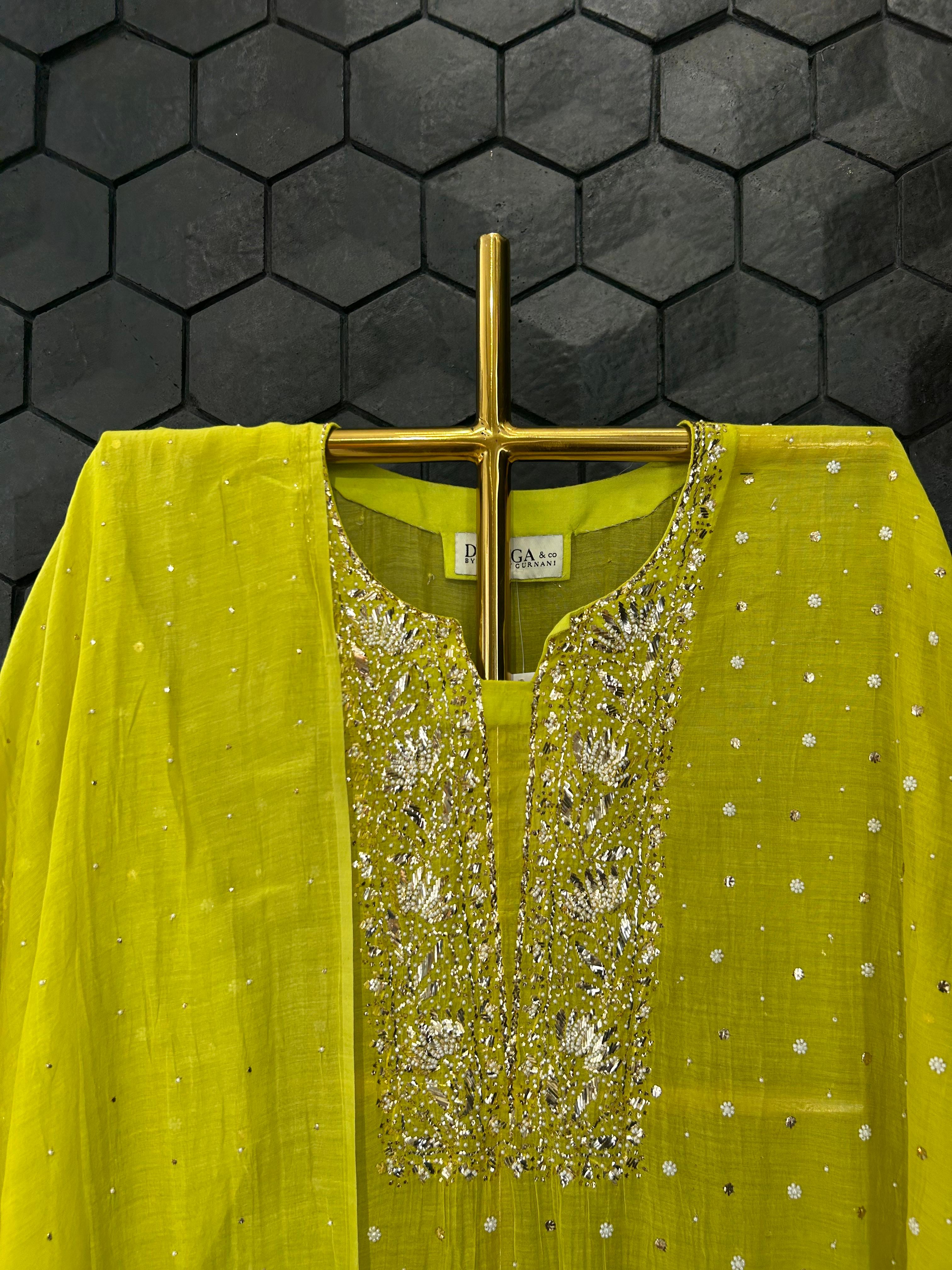 Green Mul Chanderi Mukaish Kurta Set