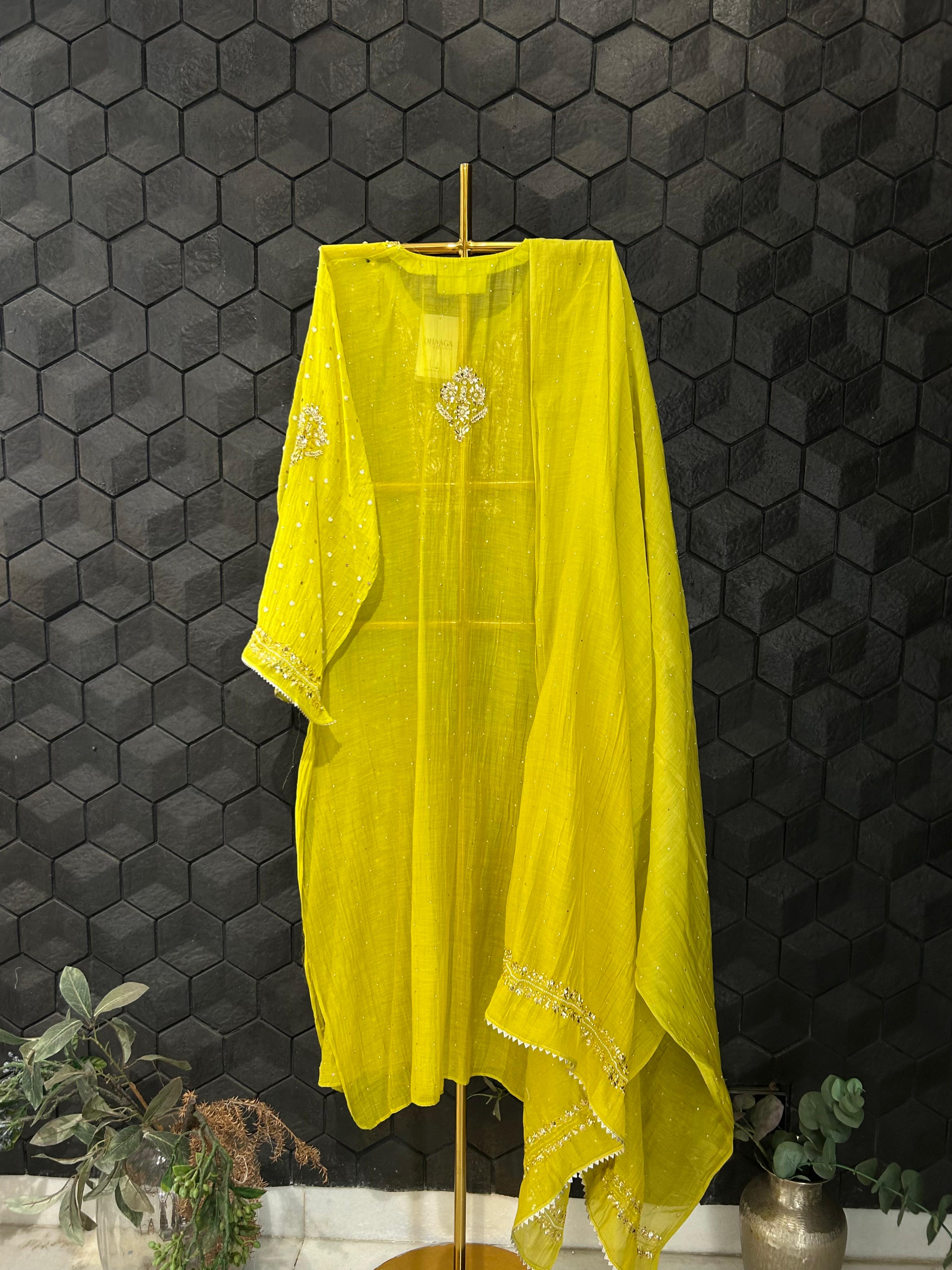 Green Mul Chanderi Mukaish Kurta Set