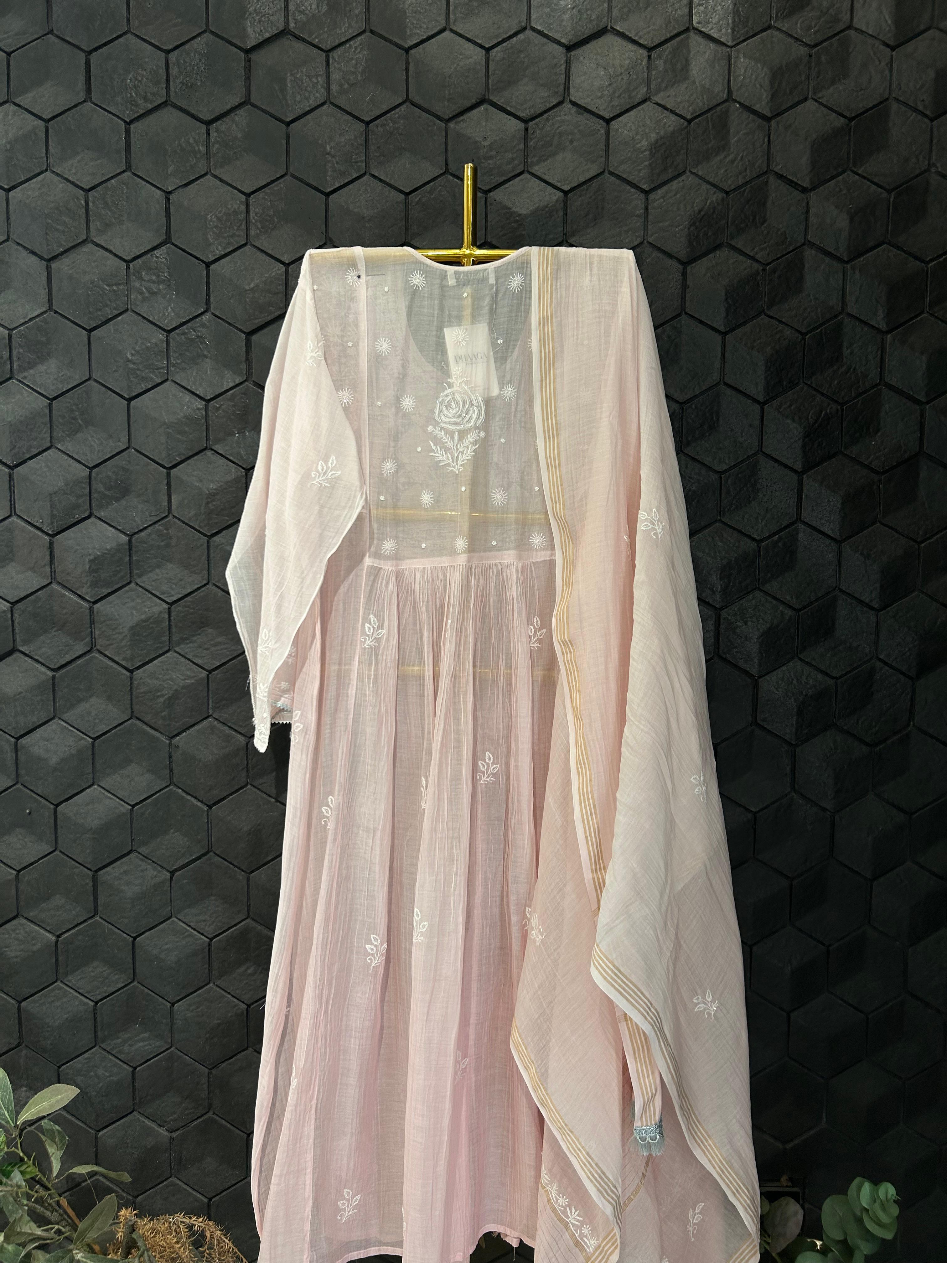 Pink Mul Chanderi Chikankari Kurta Set
