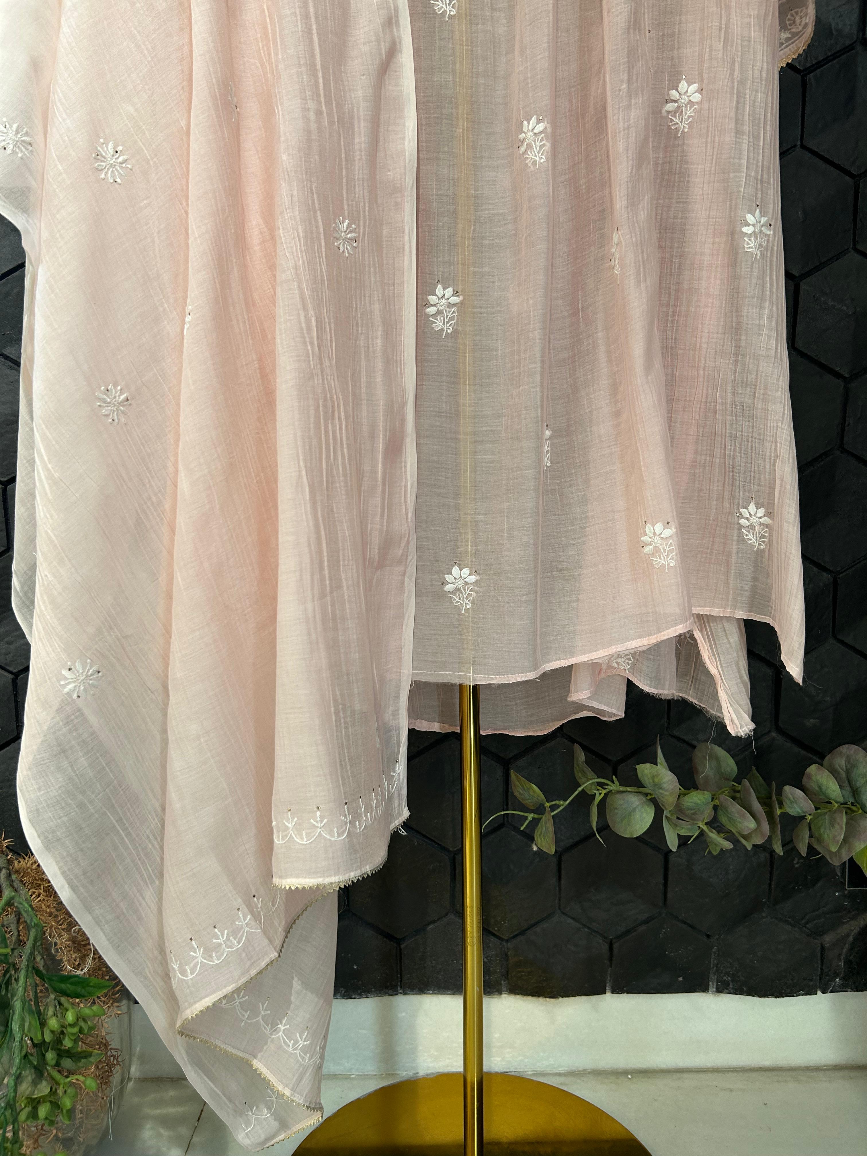 Pink Mul Chanderi Chikankari Kurta Set