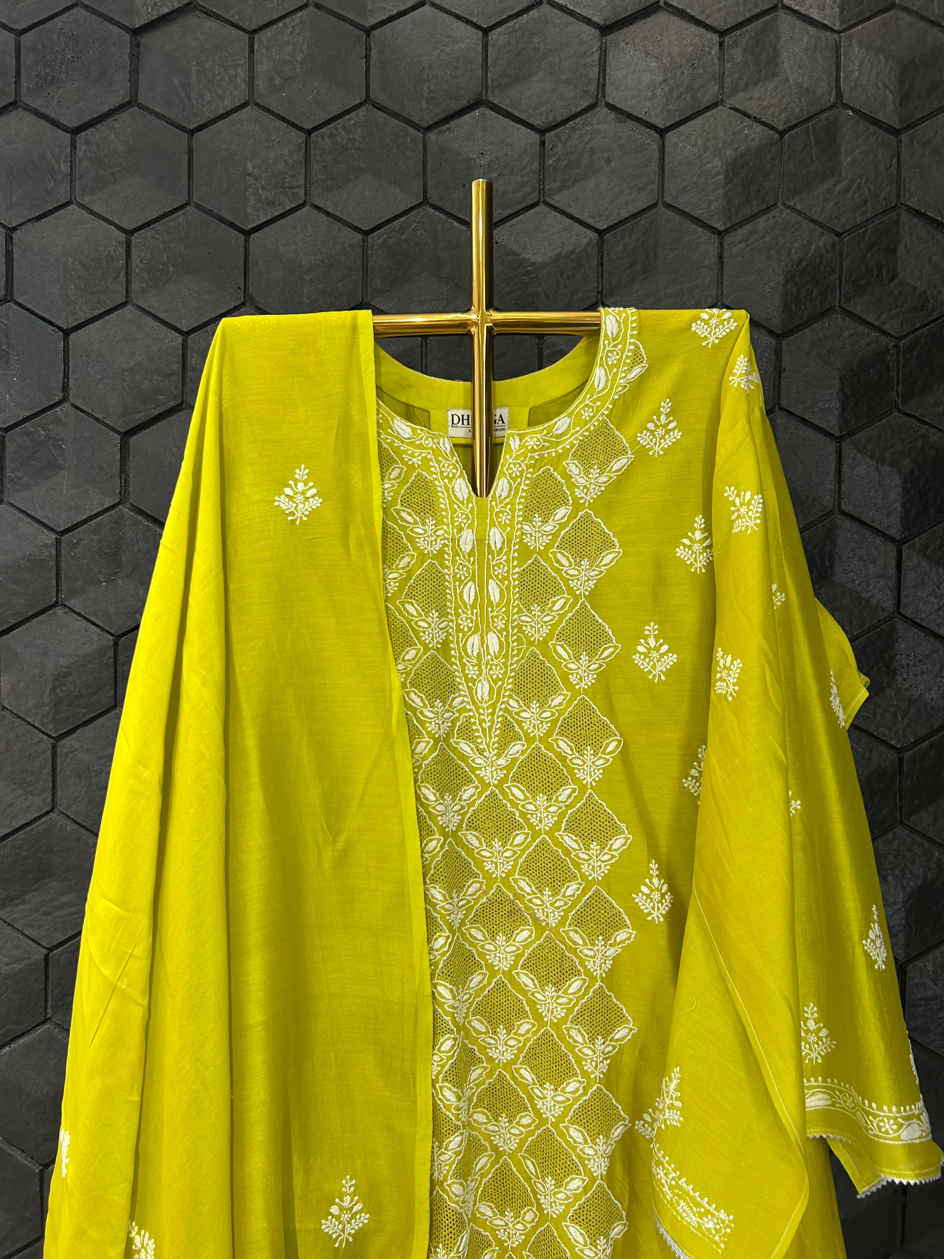 Green Chanderi Chikankari Kurta Set