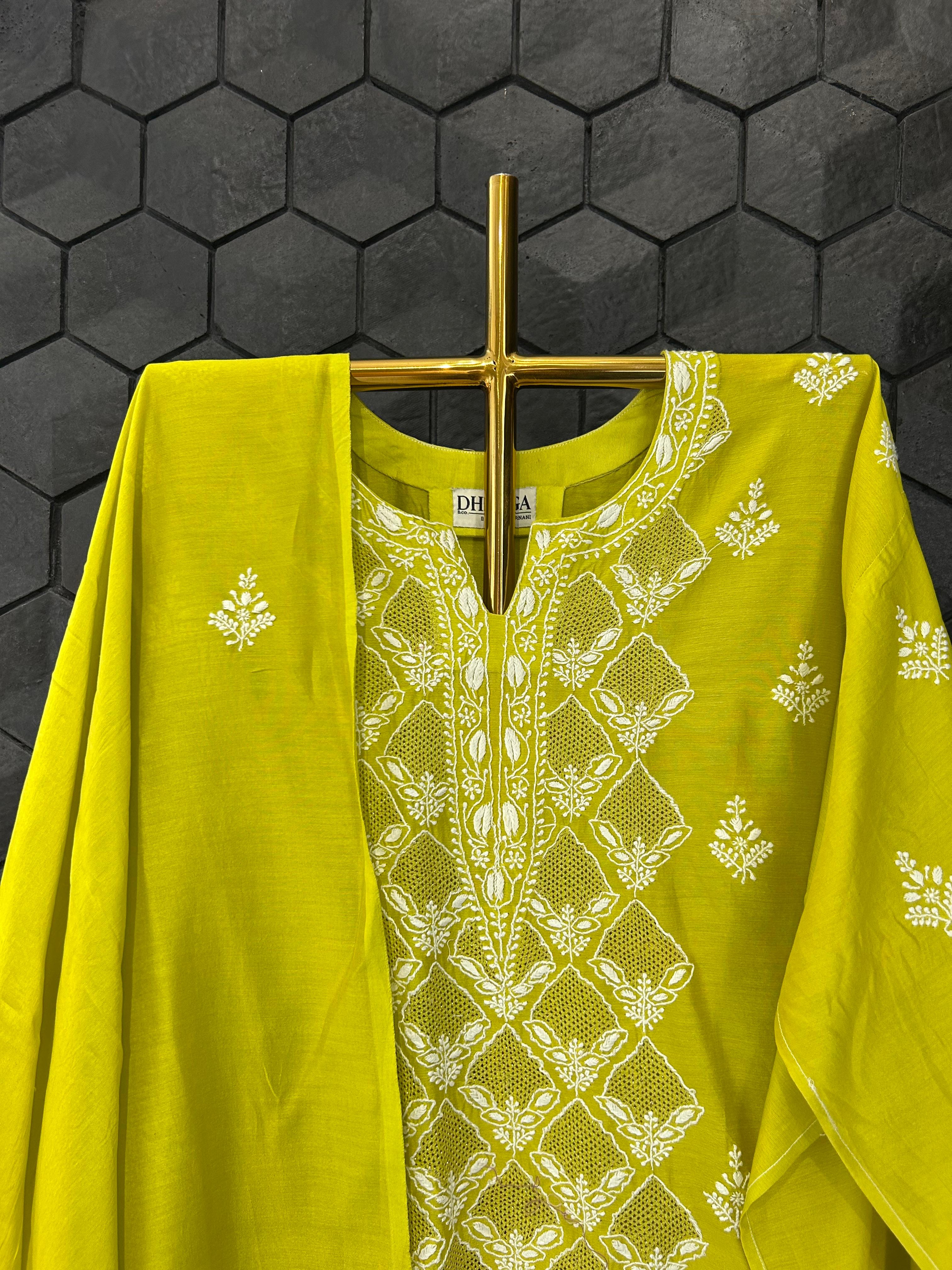 Green Chanderi Chikankari Kurta Set