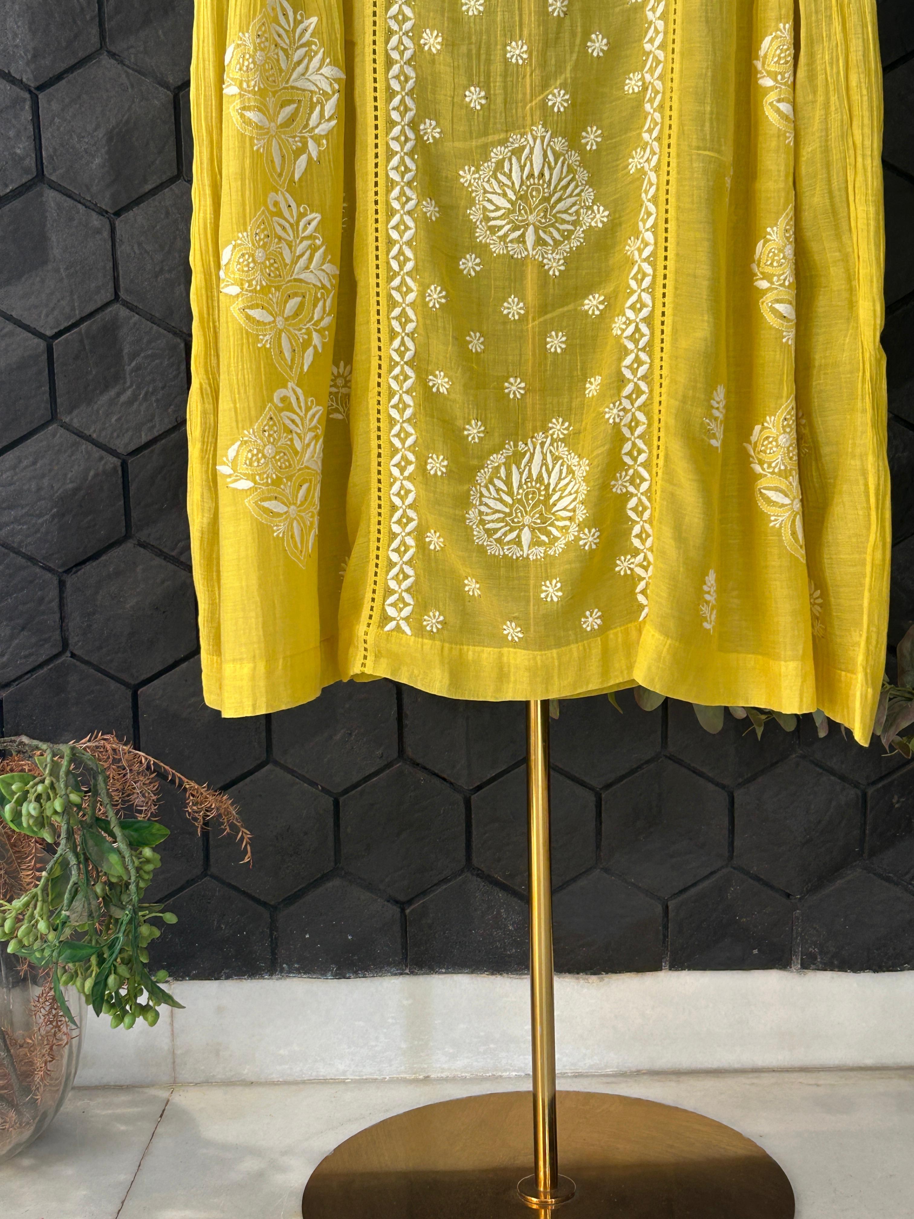 Green Mul Chanderi Chikankari Mukaish Dress