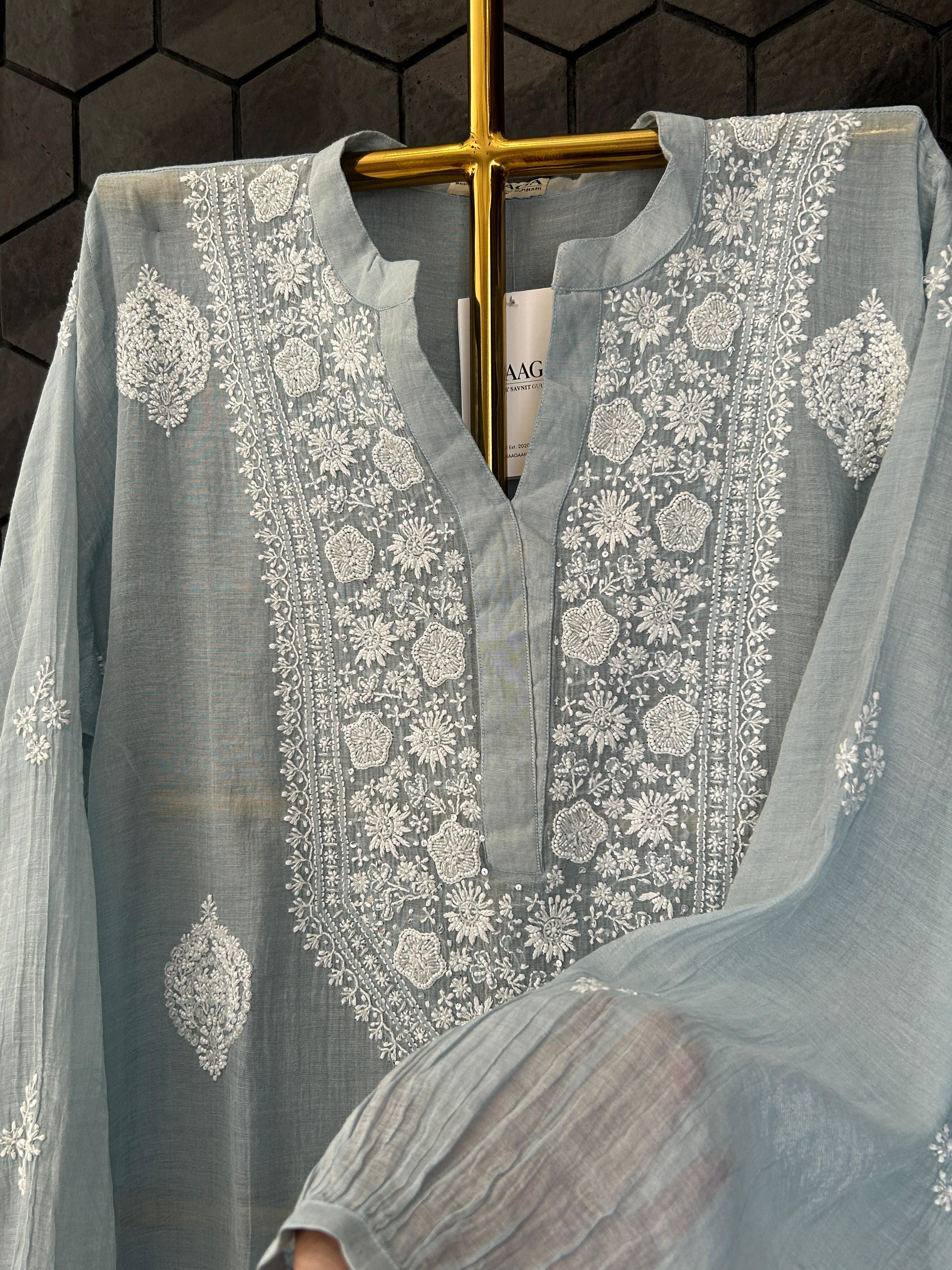 Blue Silver Tissue Chikankari Co-ord Set