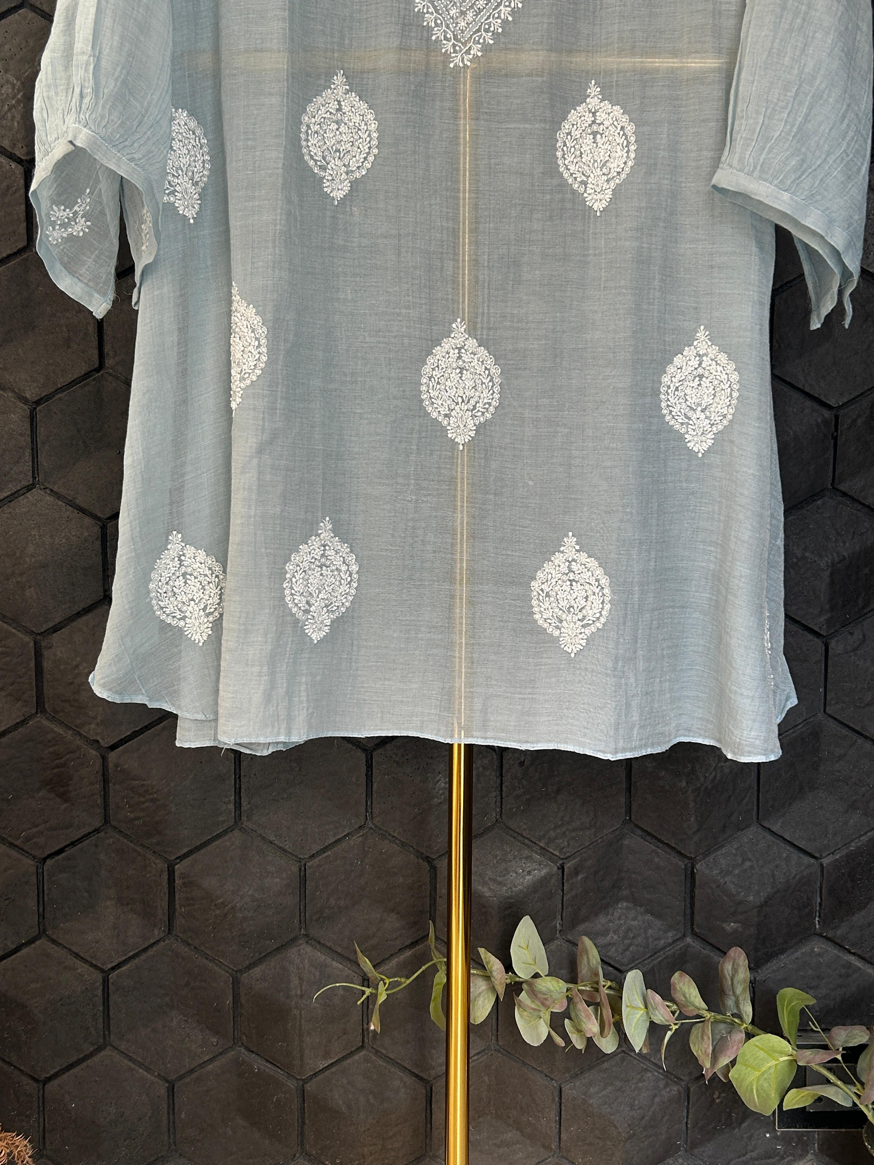Blue Silver Tissue Chikankari Co-ord Set