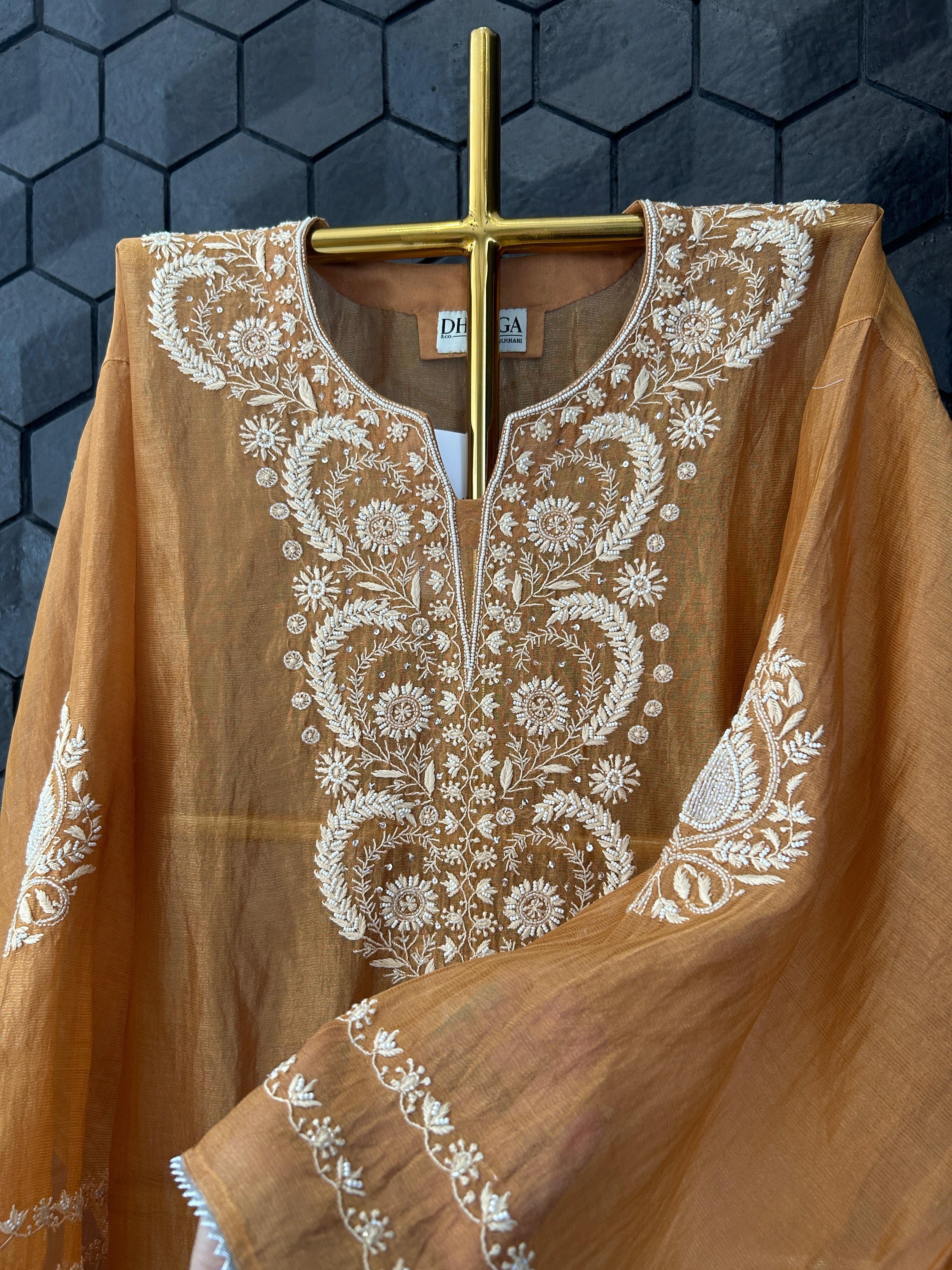 Mustard Striped Tissue Chikankari Co-ord Set