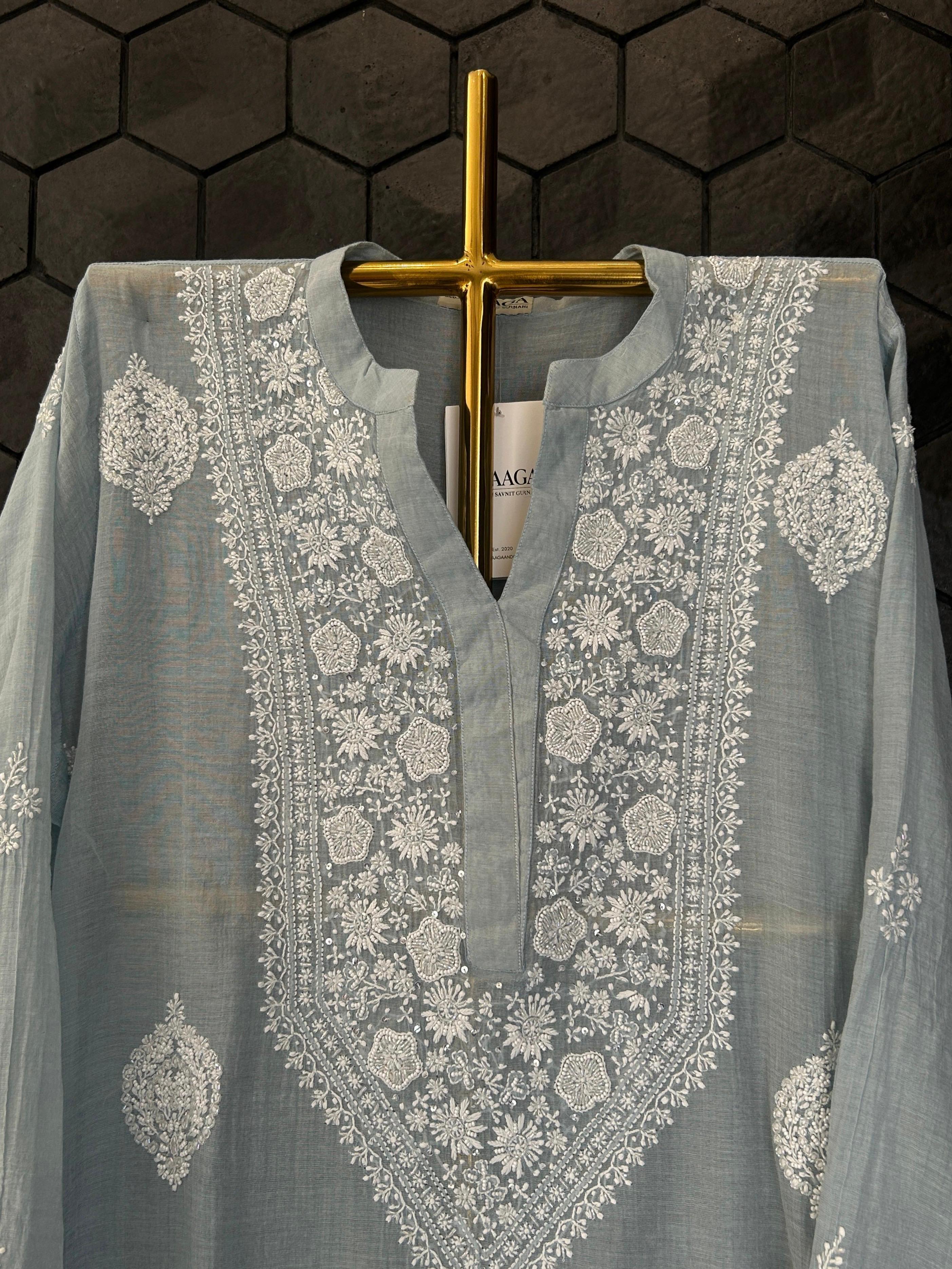 Blue Silver Tissue Chikankari Co-ord Set