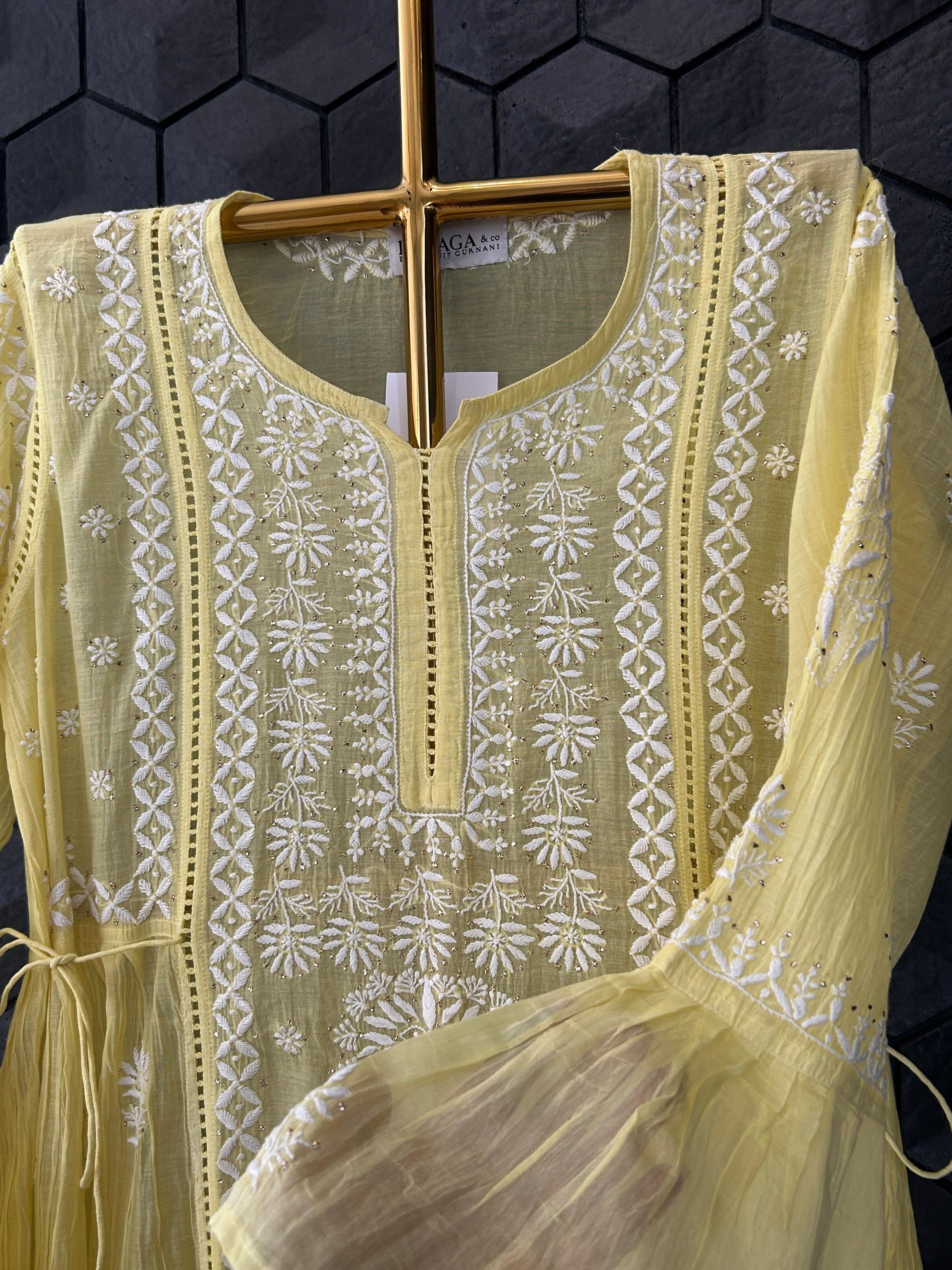 Yellow Mul Chanderi Chikankari And Mukaish Dress