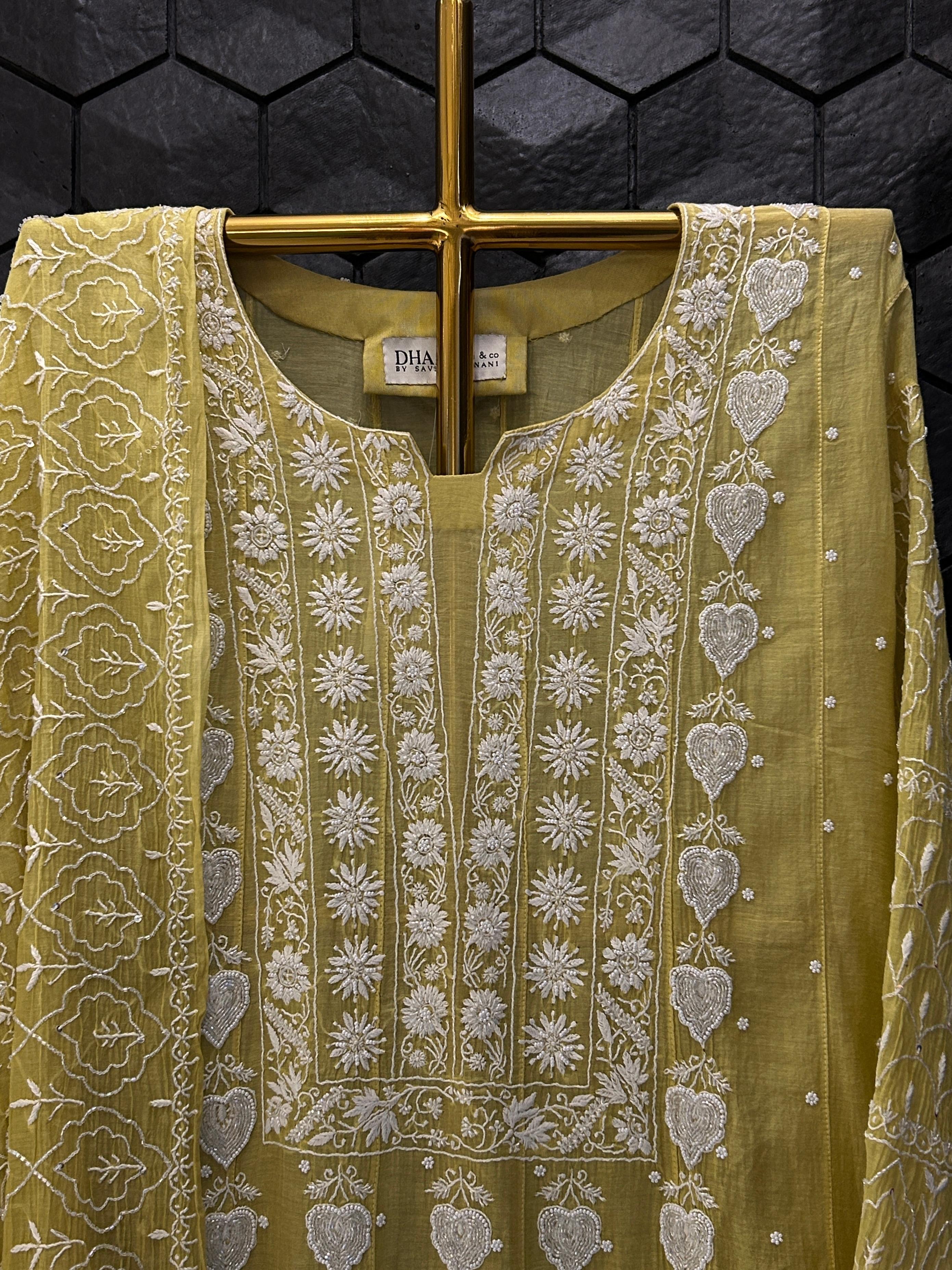 Green Mul Chanderi Chikankari Anarkali Set