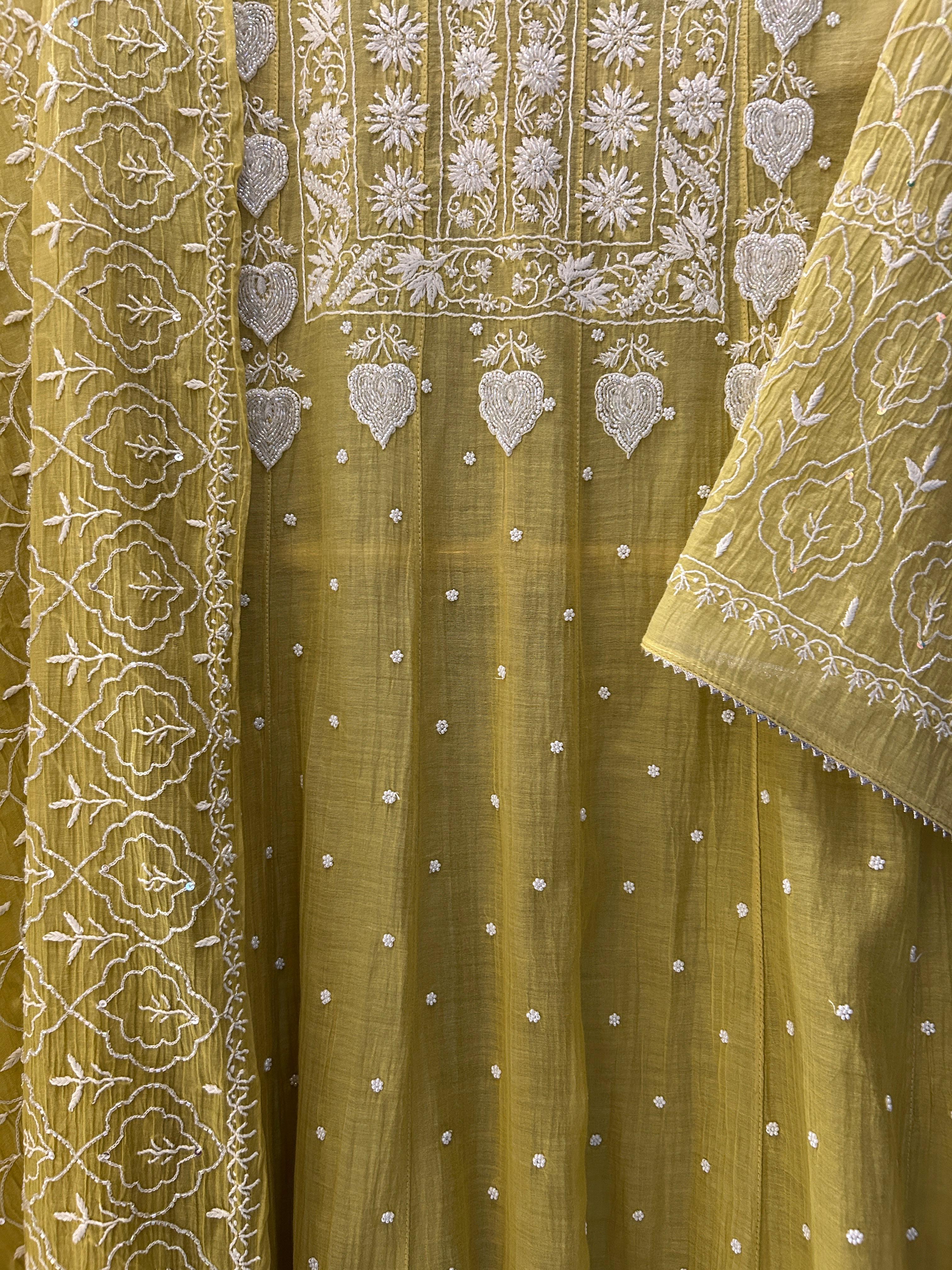 Green Mul Chanderi Chikankari Anarkali Set