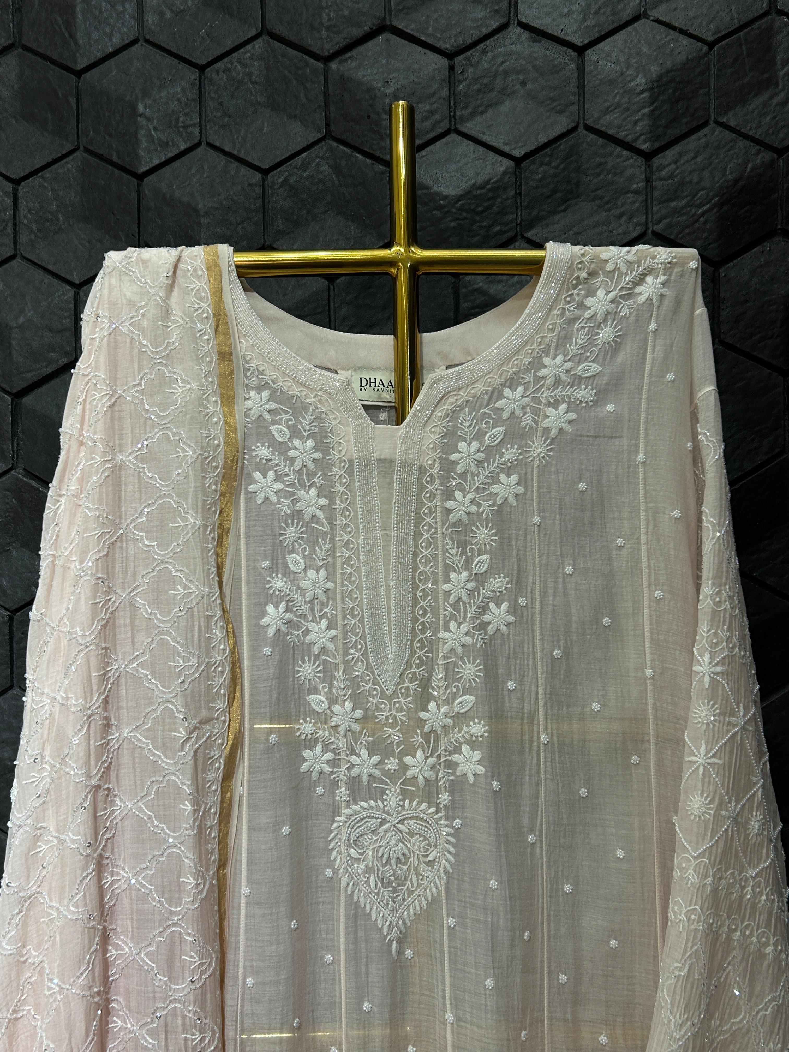 Pink Mul Chanderi Chikankari Anarkali Set