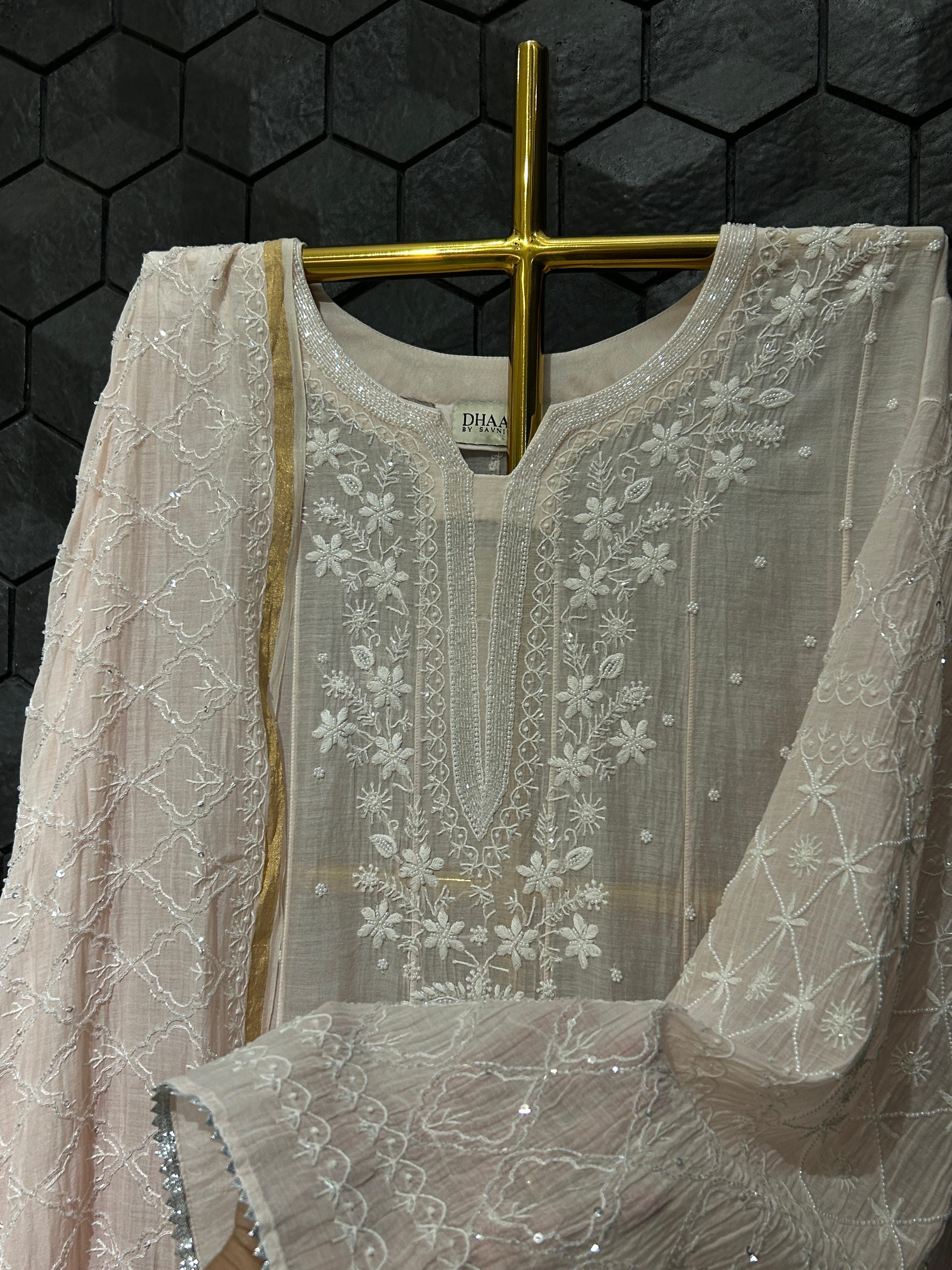 Pink Mul Chanderi Chikankari Anarkali Set