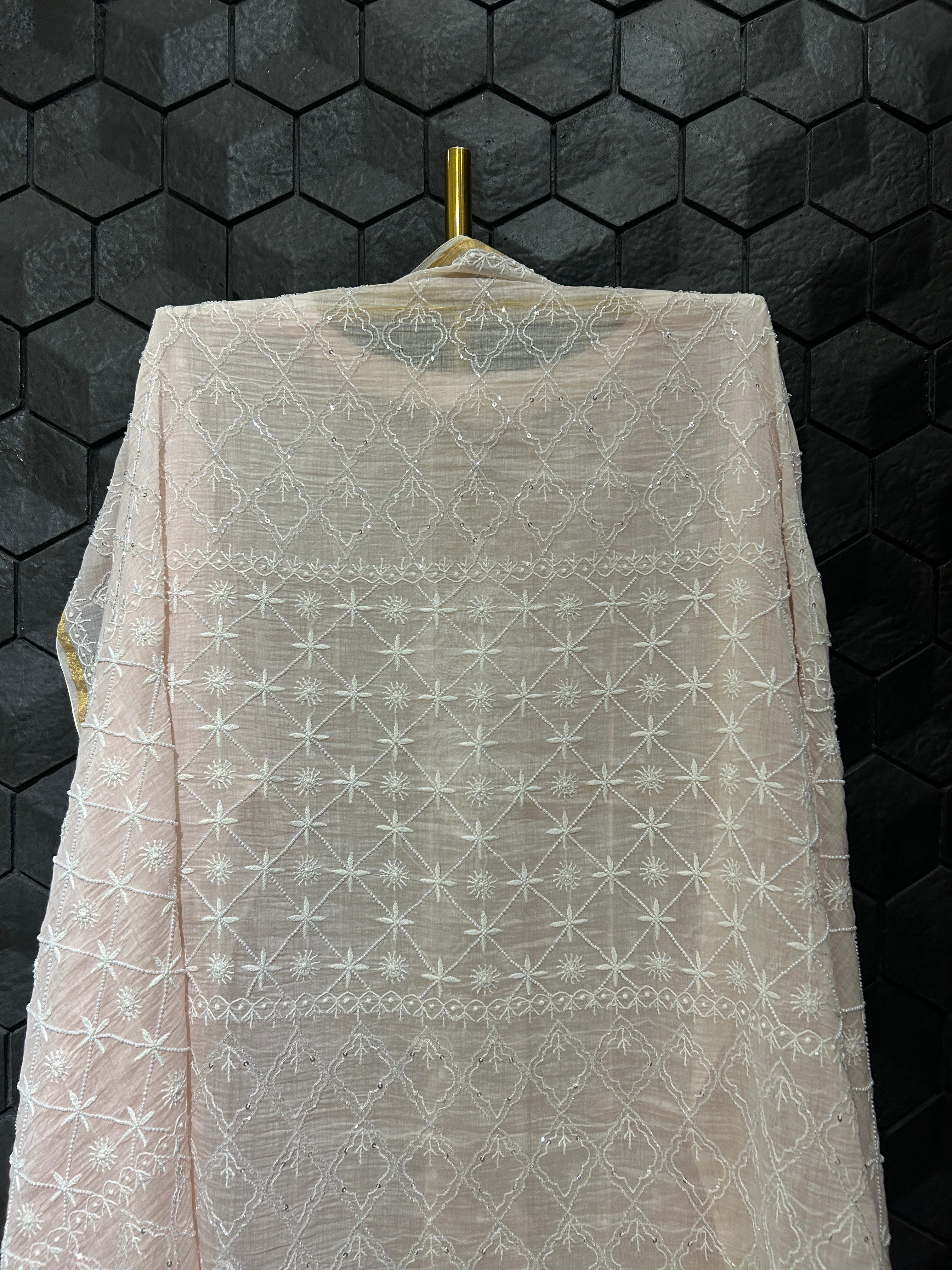 Pink Mul Chanderi Chikankari Anarkali Set