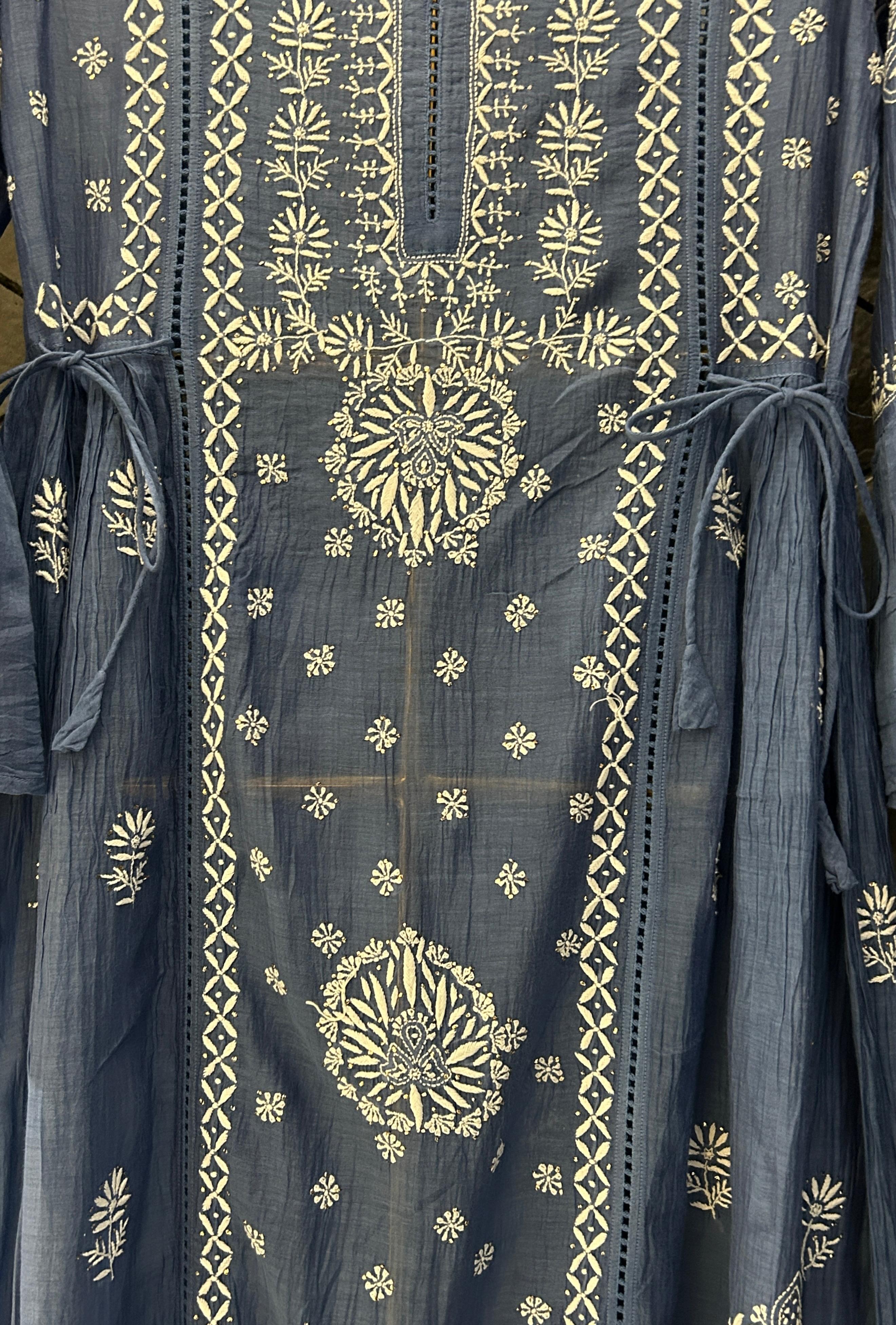 Blue Mul Chanderi Chikankari And Mukaish Dress