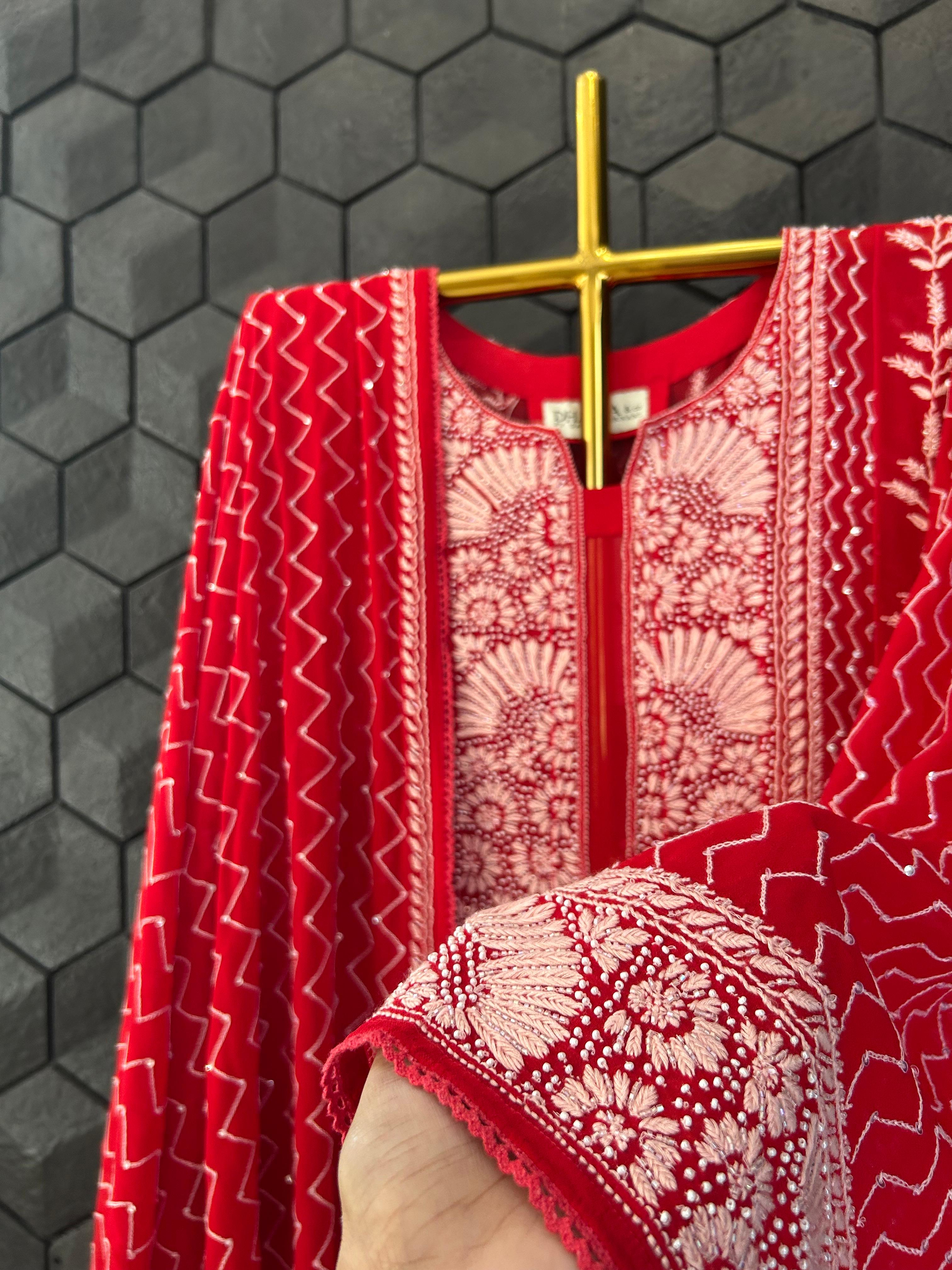 Red Georgette Chikankari Kurta Set