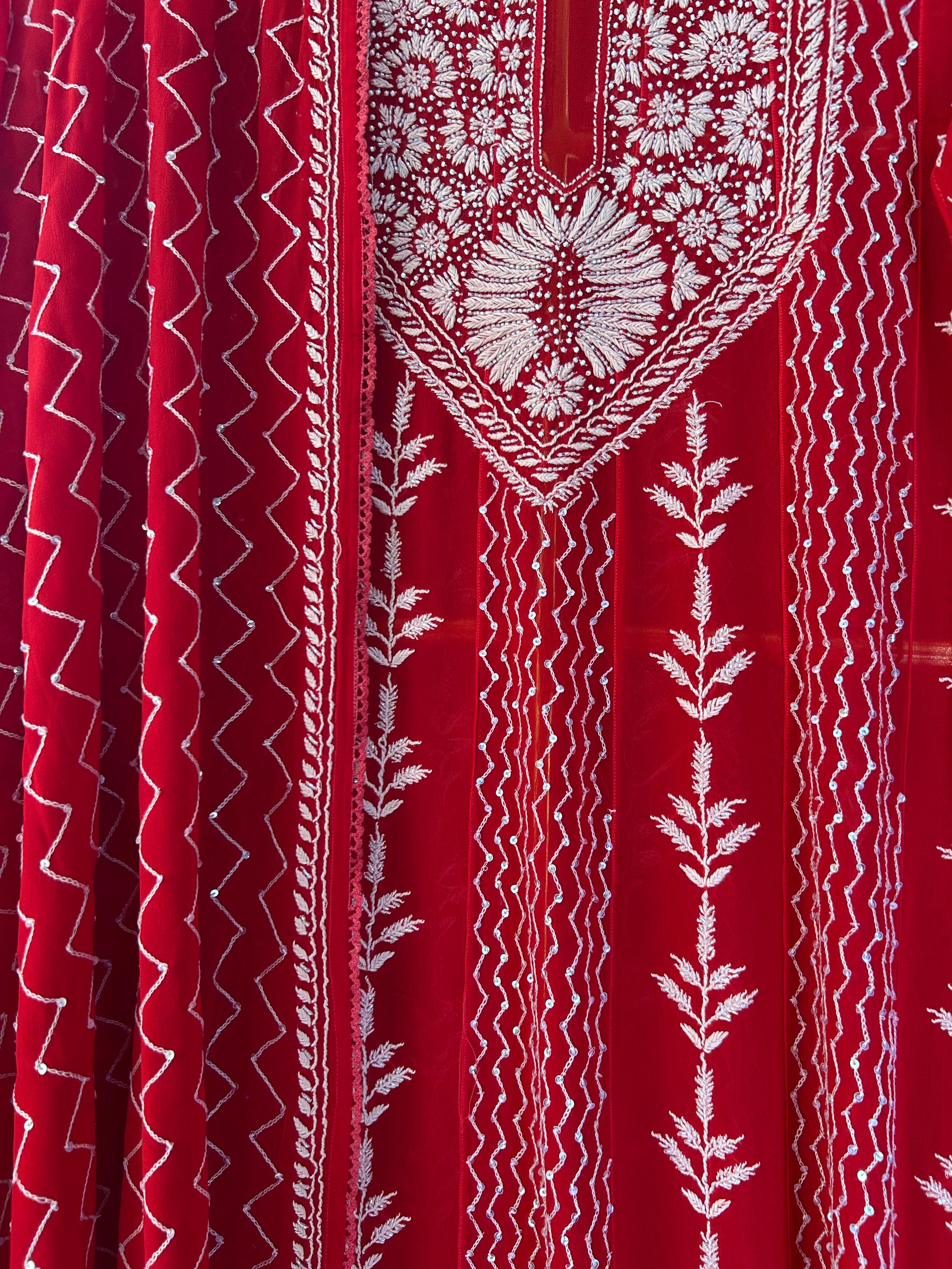 Red Georgette Chikankari Kurta Set