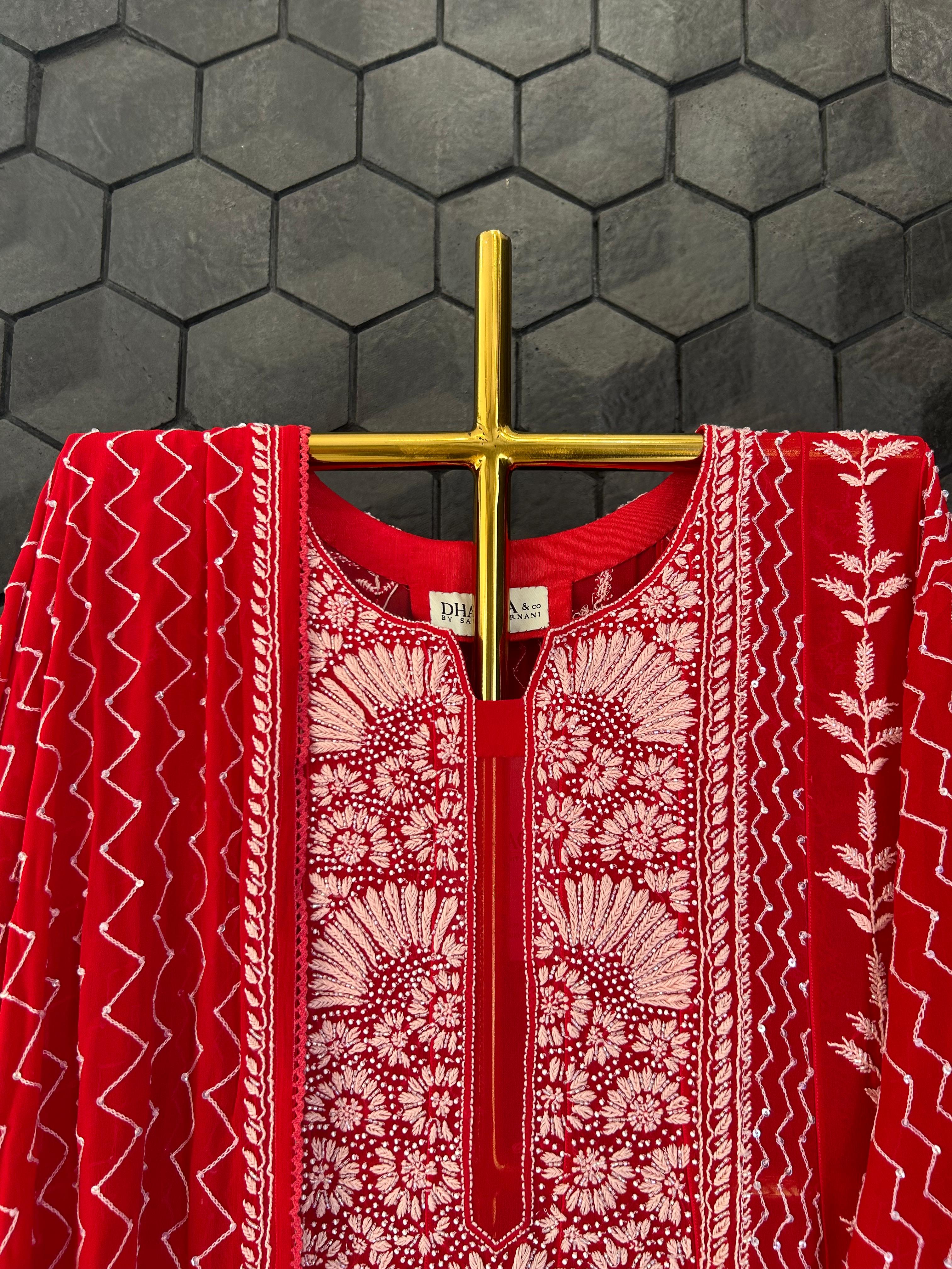 Red Georgette Chikankari Kurta Set