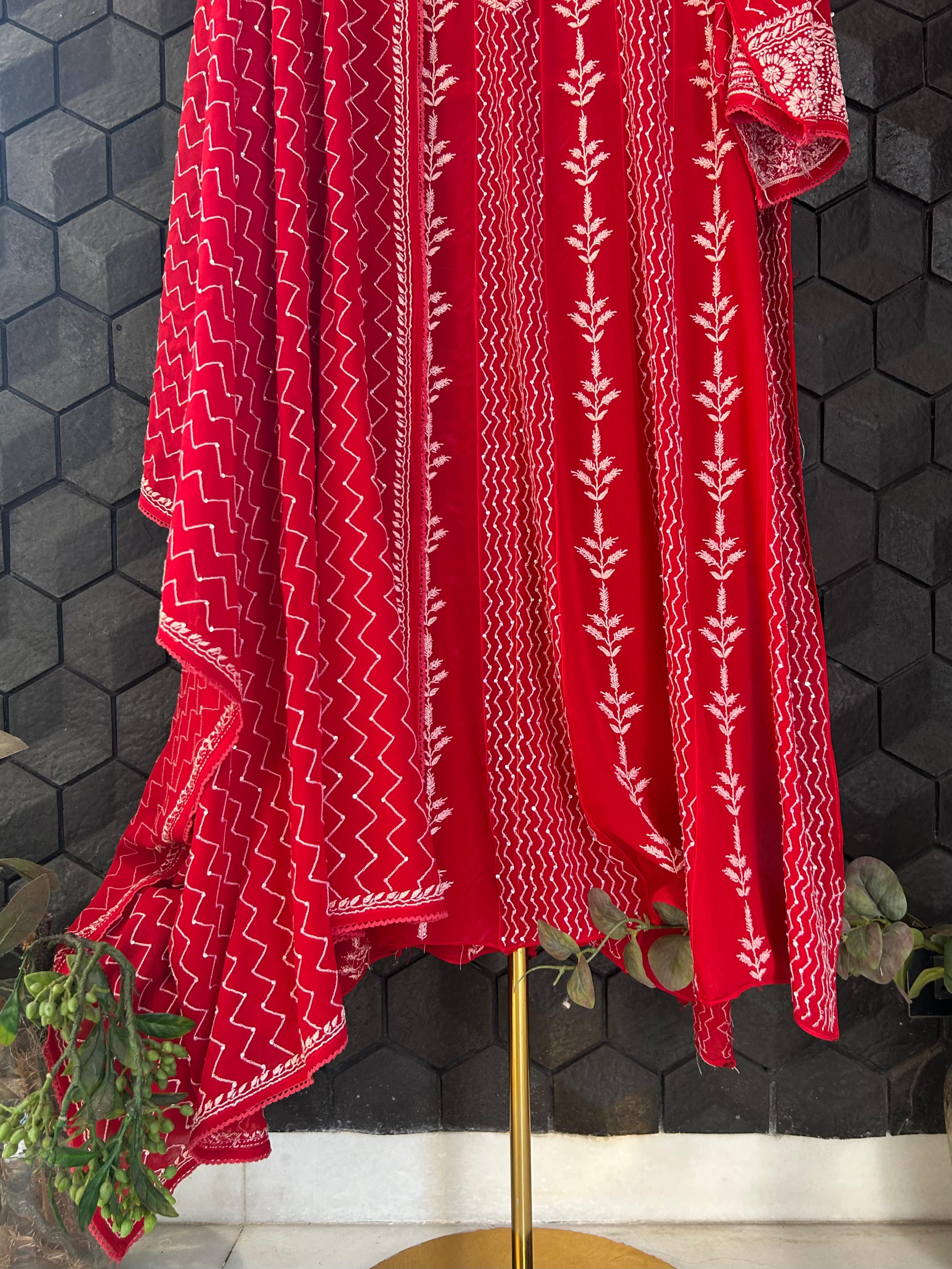 Red Georgette Chikankari Kurta Set