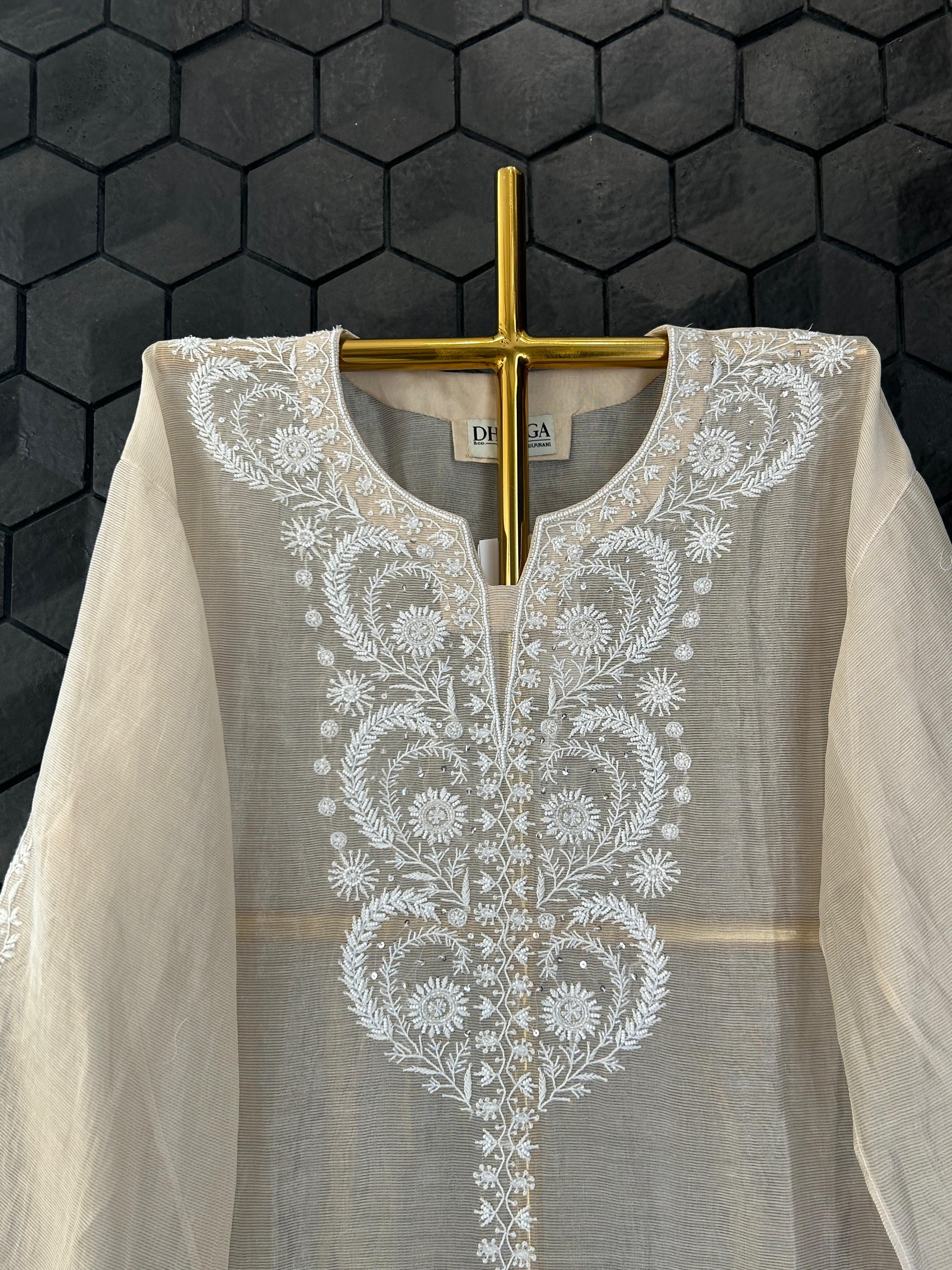 Beige Striped Tissue Chikankari Co-ord Set