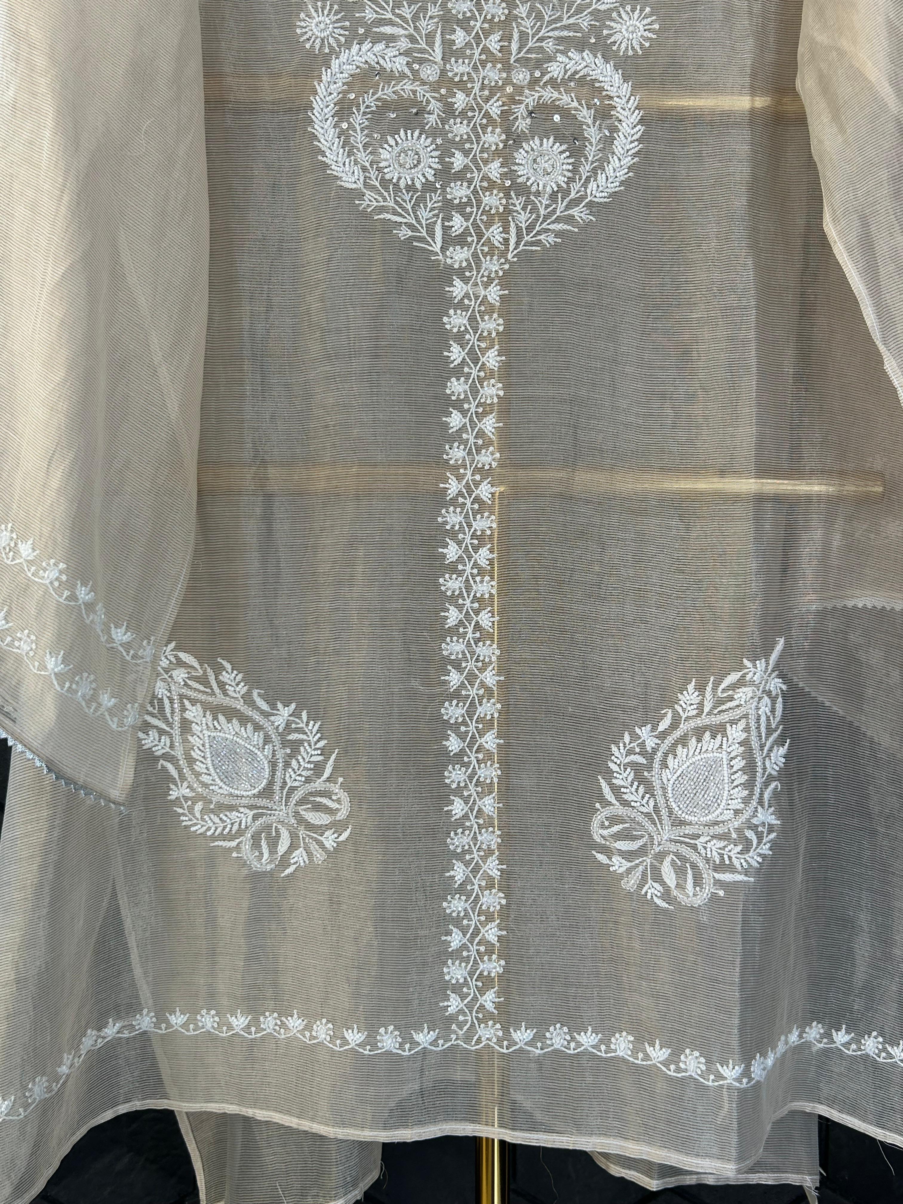 Beige Striped Tissue Chikankari Co-ord Set