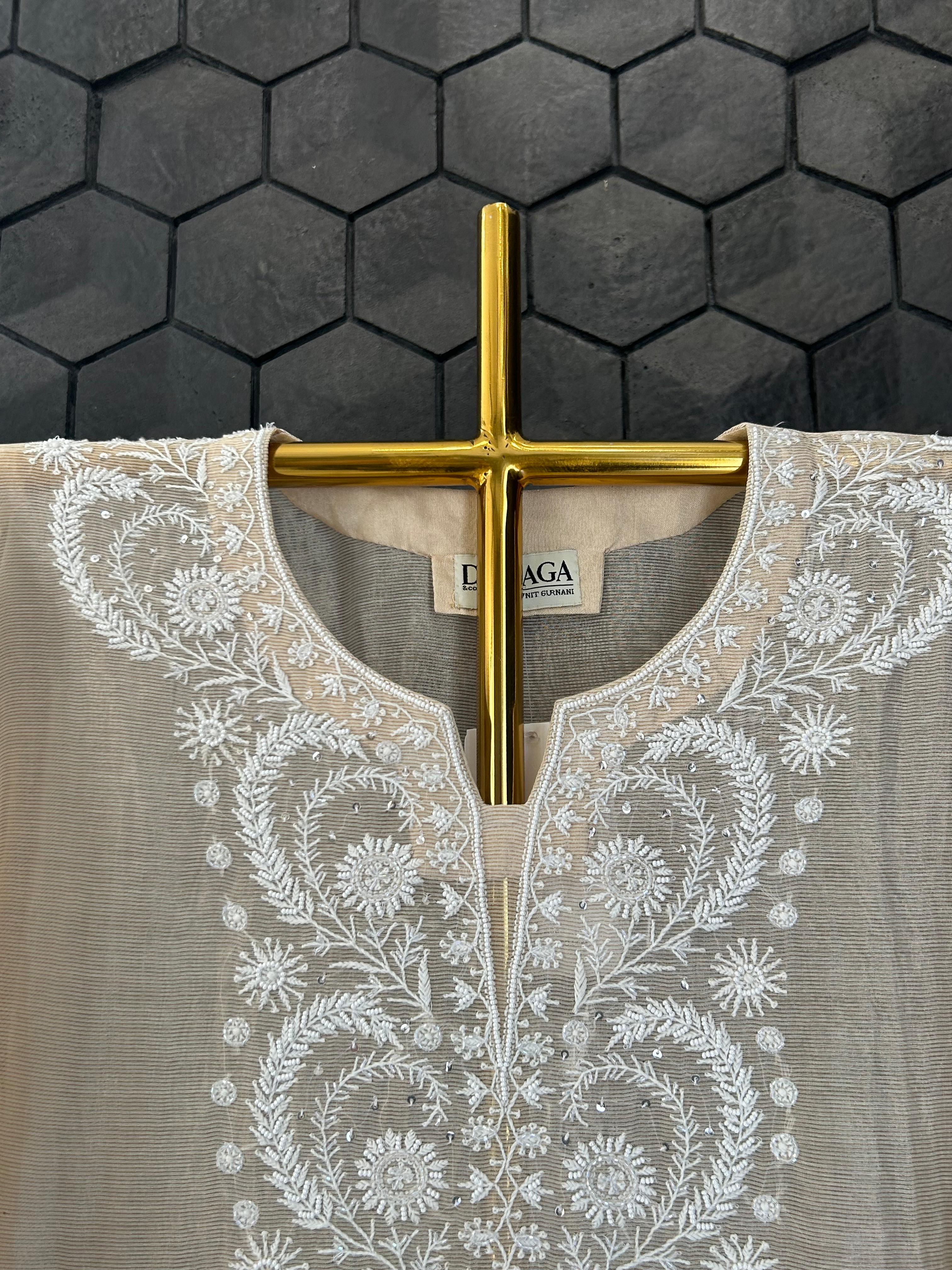 Beige Striped Tissue Chikankari Co-ord Set