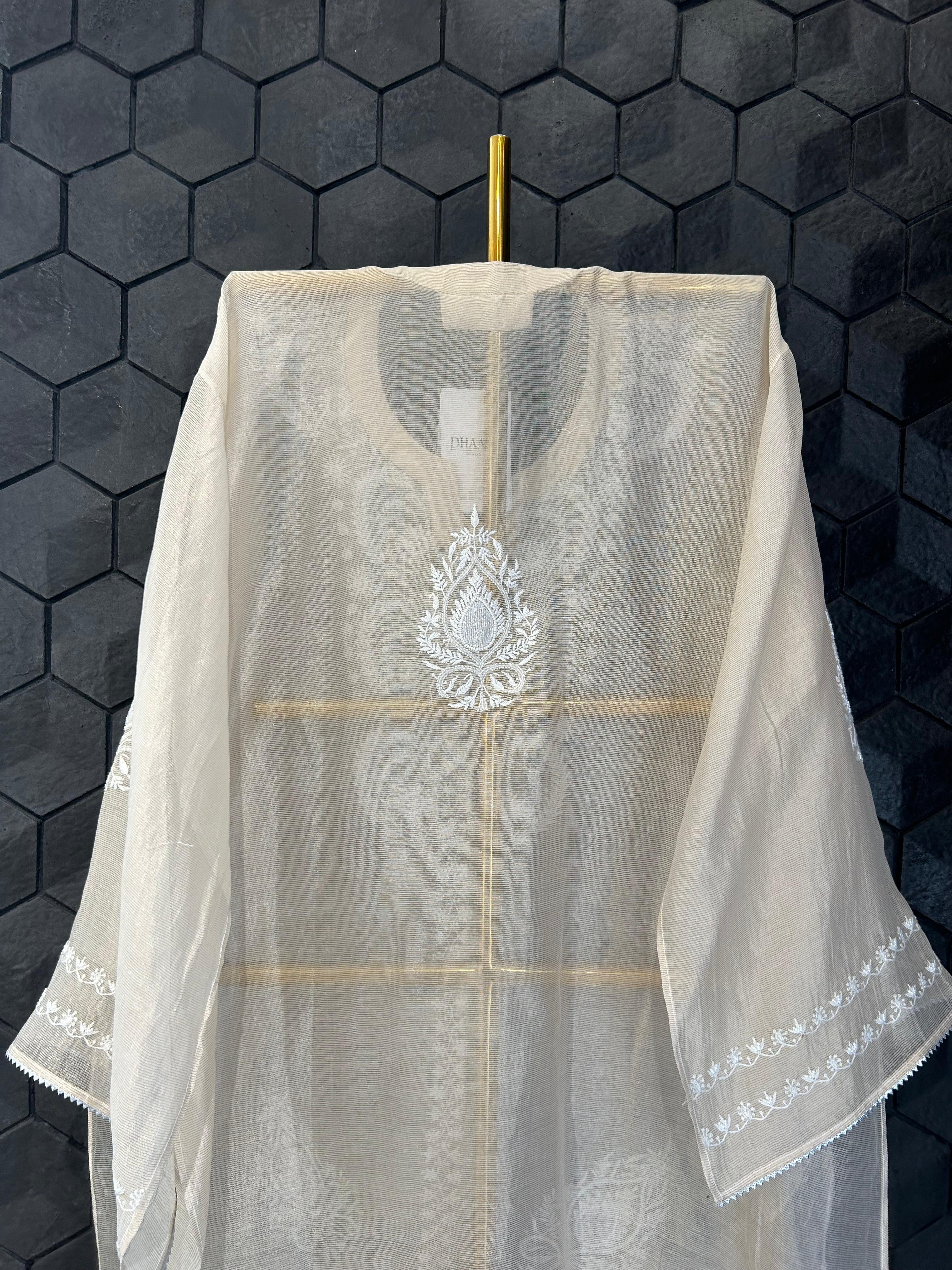 Beige Striped Tissue Chikankari Co-ord Set