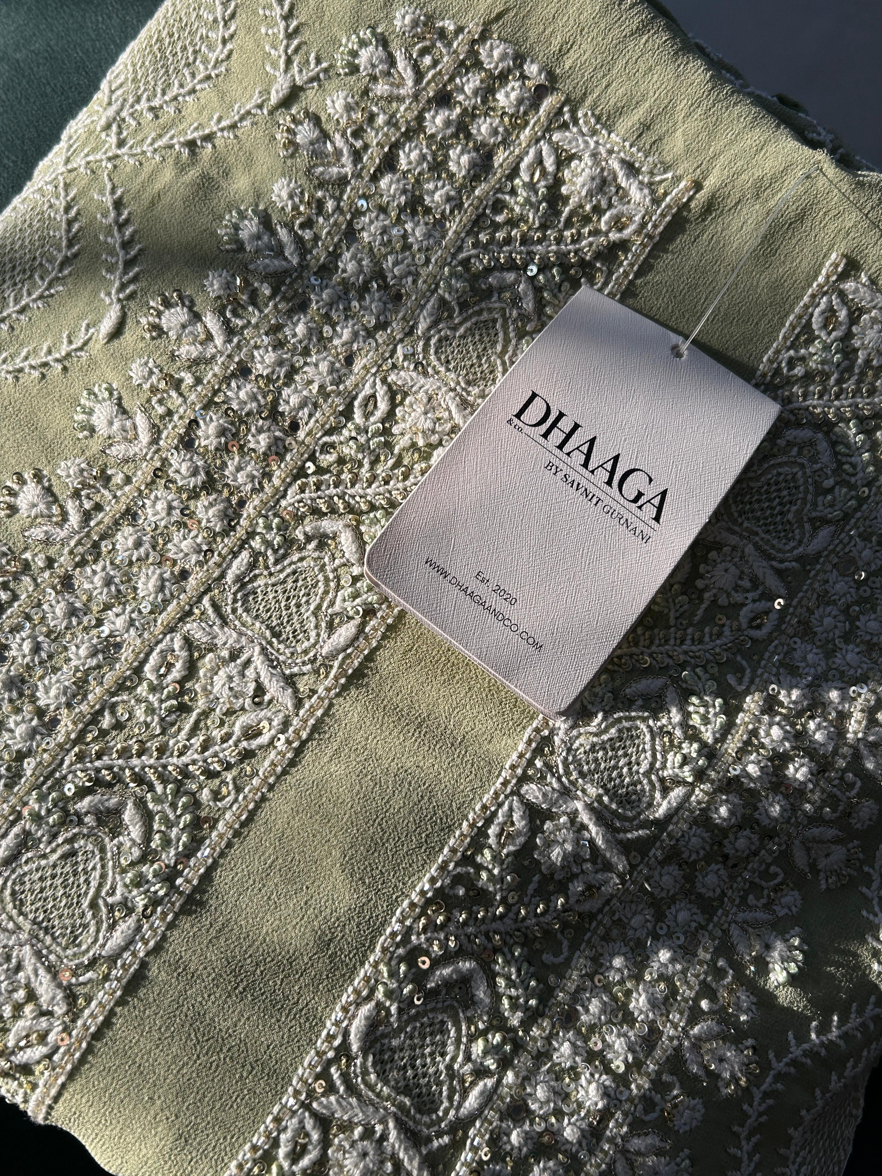 Olive Green Georgette Chikankari Mens Kurta with statement jaali