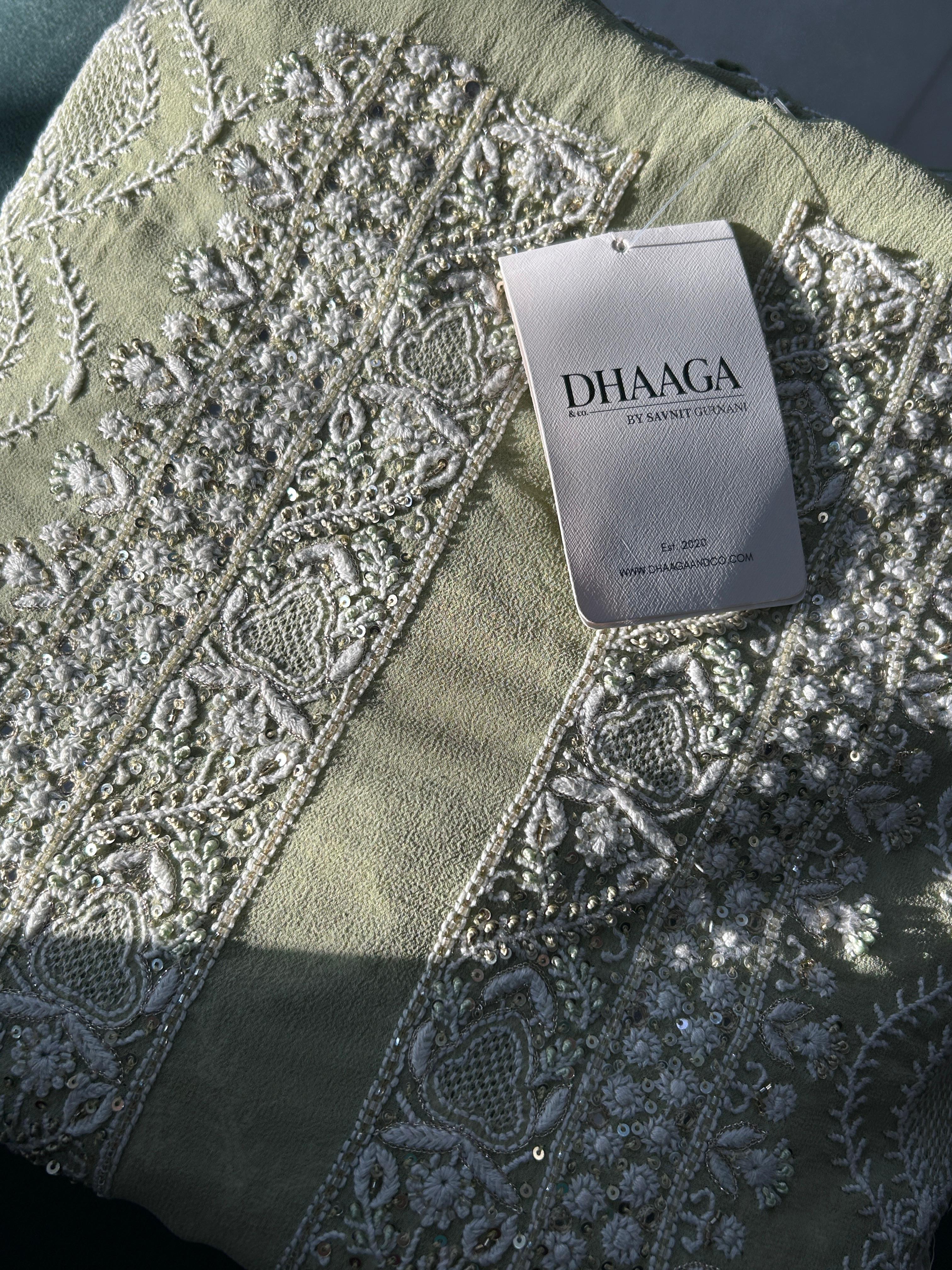 Olive Green Georgette Chikankari Mens Kurta with statement jaali