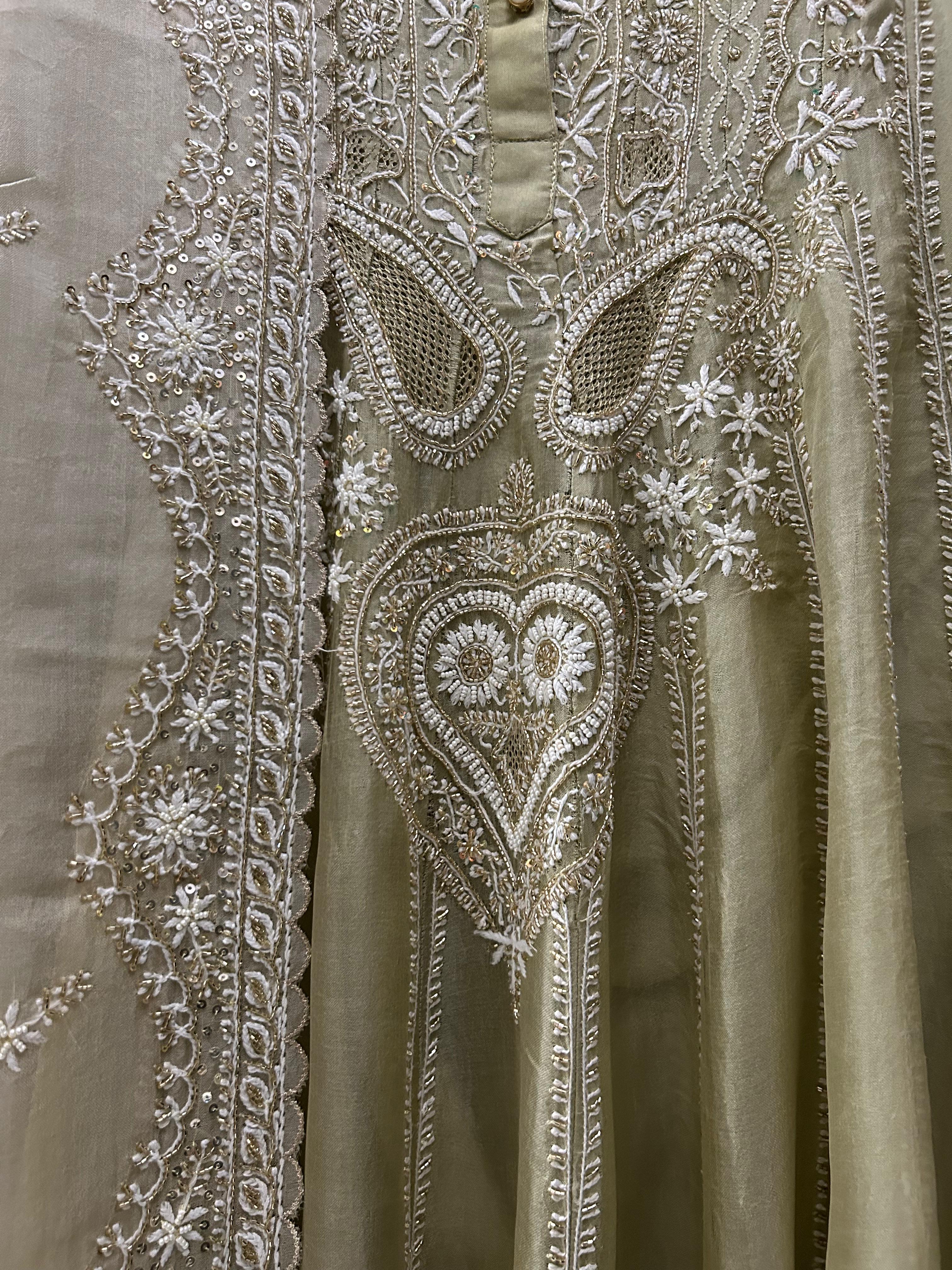 Green Organza Chikankari Anarkali Set