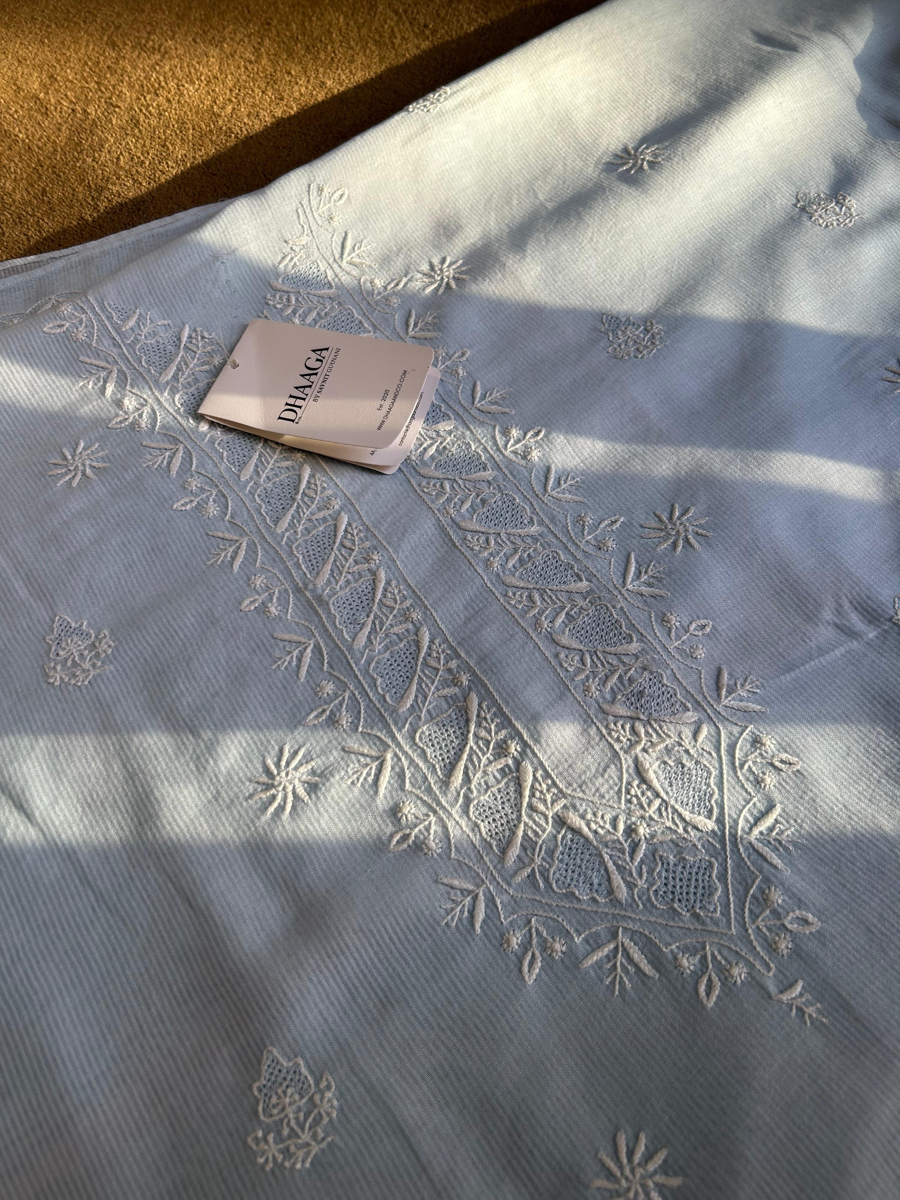 Blue Chanderi Chikankari Mens Kurta