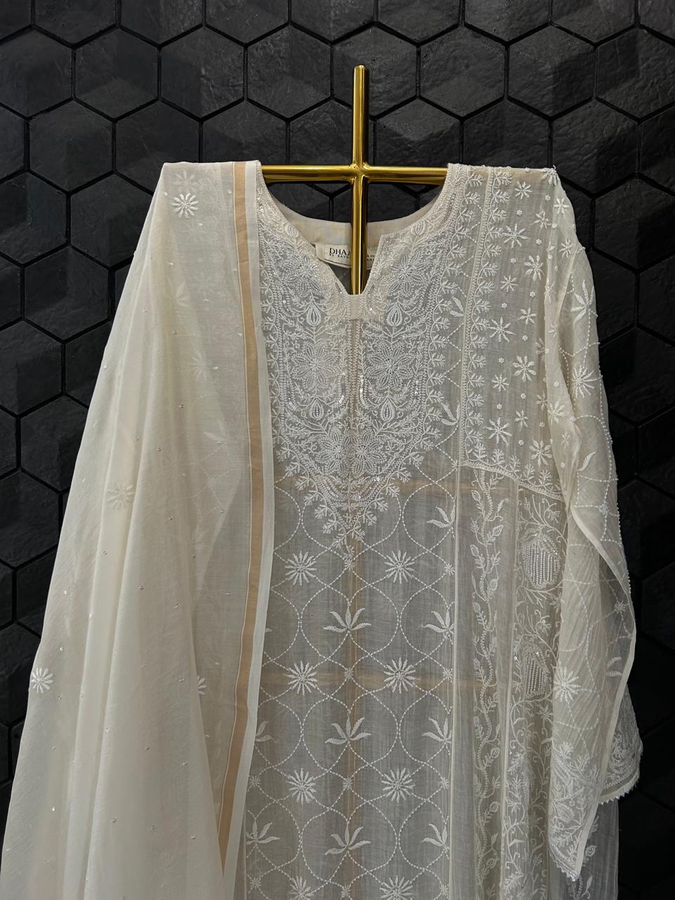Ivory Mul Chanderi Chikankari Anarkali Set