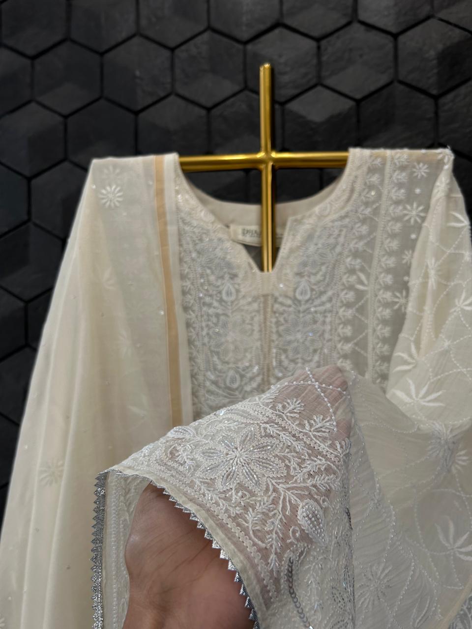 Ivory Mul Chanderi Chikankari Anarkali Set