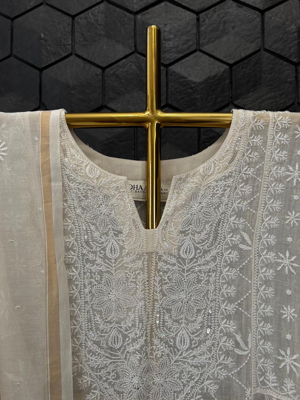 Ivory Mul Chanderi Chikankari Anarkali Set