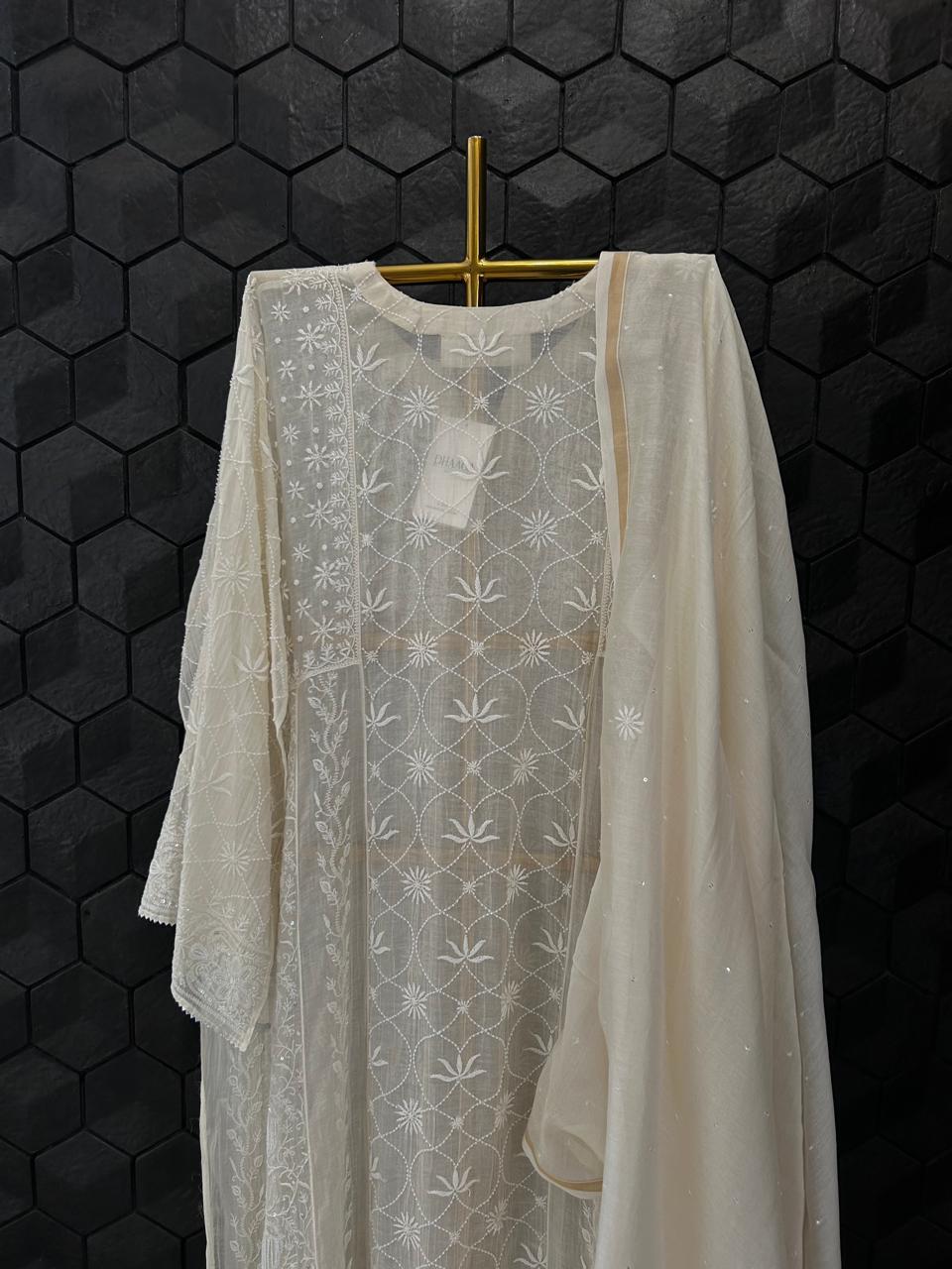 Ivory Mul Chanderi Chikankari Anarkali Set