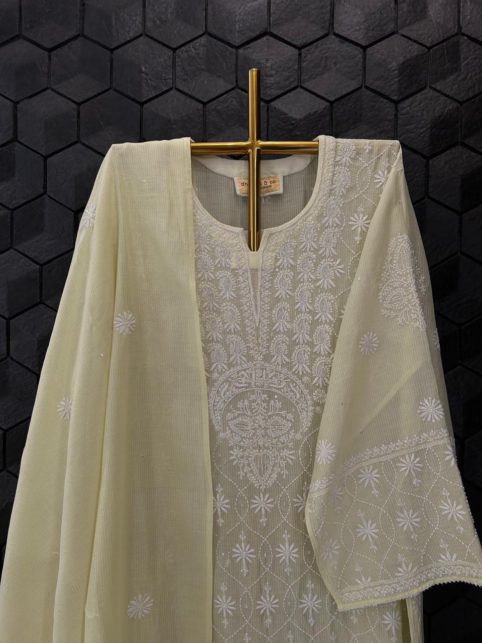 Green Maheshwari Chikankari Kurta Set