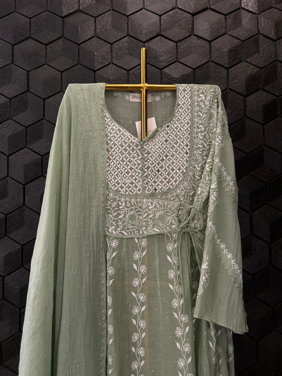 Green Silver Tissue Angarkha Chikankari Kurta Set