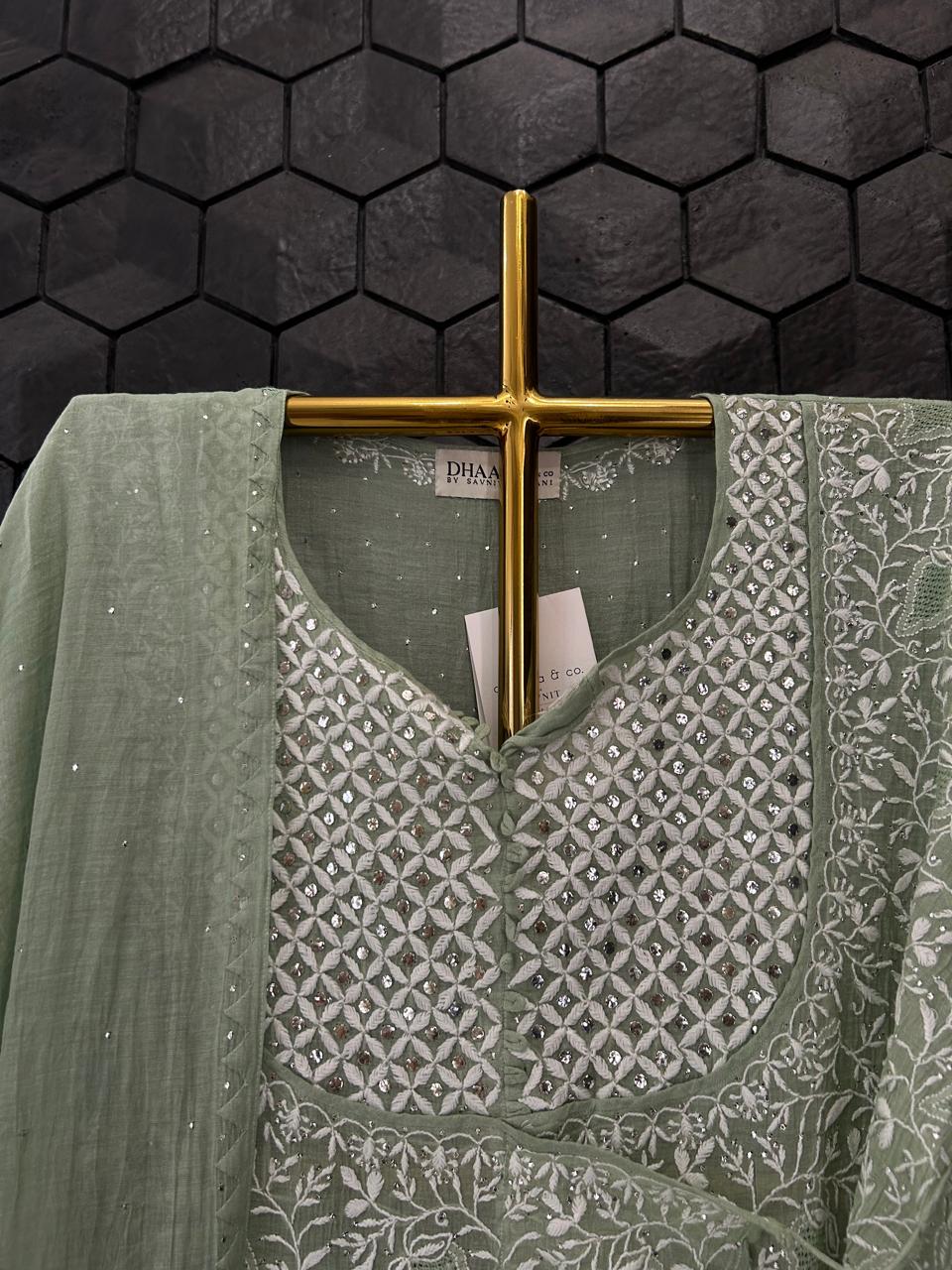 Green Silver Tissue Angarkha Chikankari Kurta Set