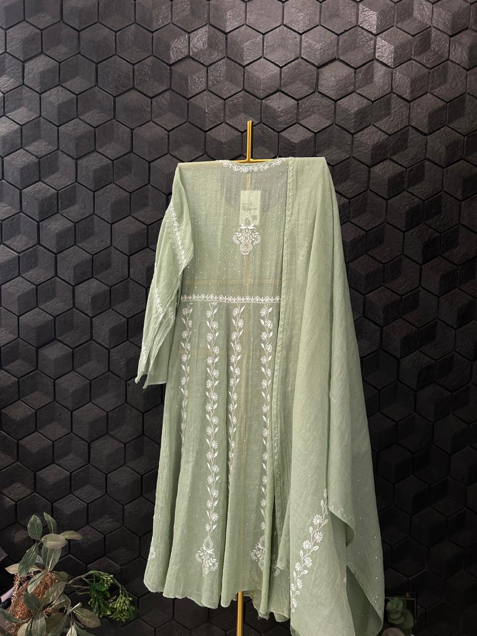 Green Silver Tissue Angarkha Chikankari Kurta Set