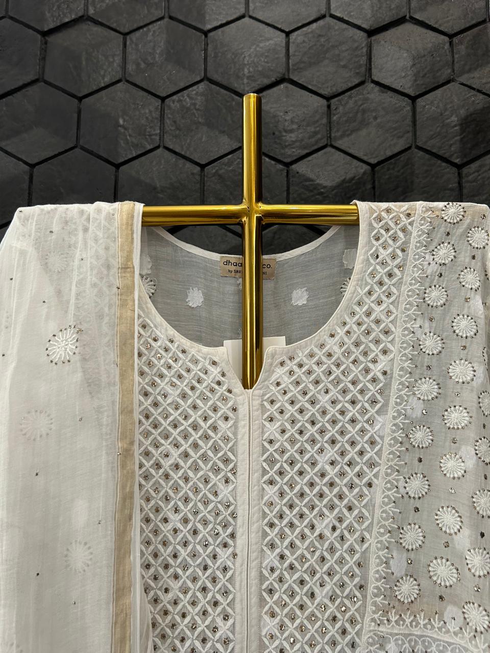 White Mul Chanderi Front-Tuck Kurta Set