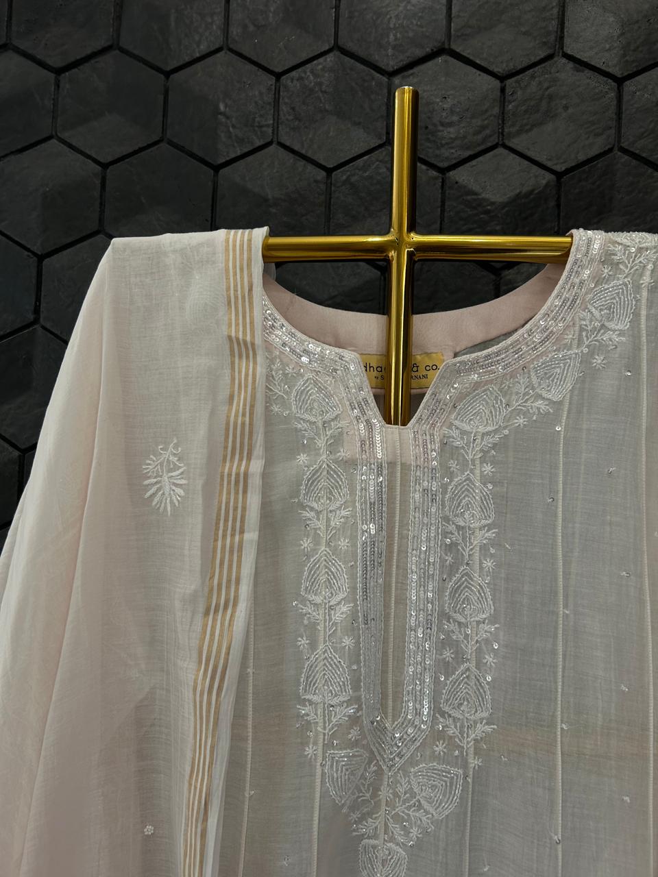 Pink  Mul Chanderi Chikankari Anarkali Set